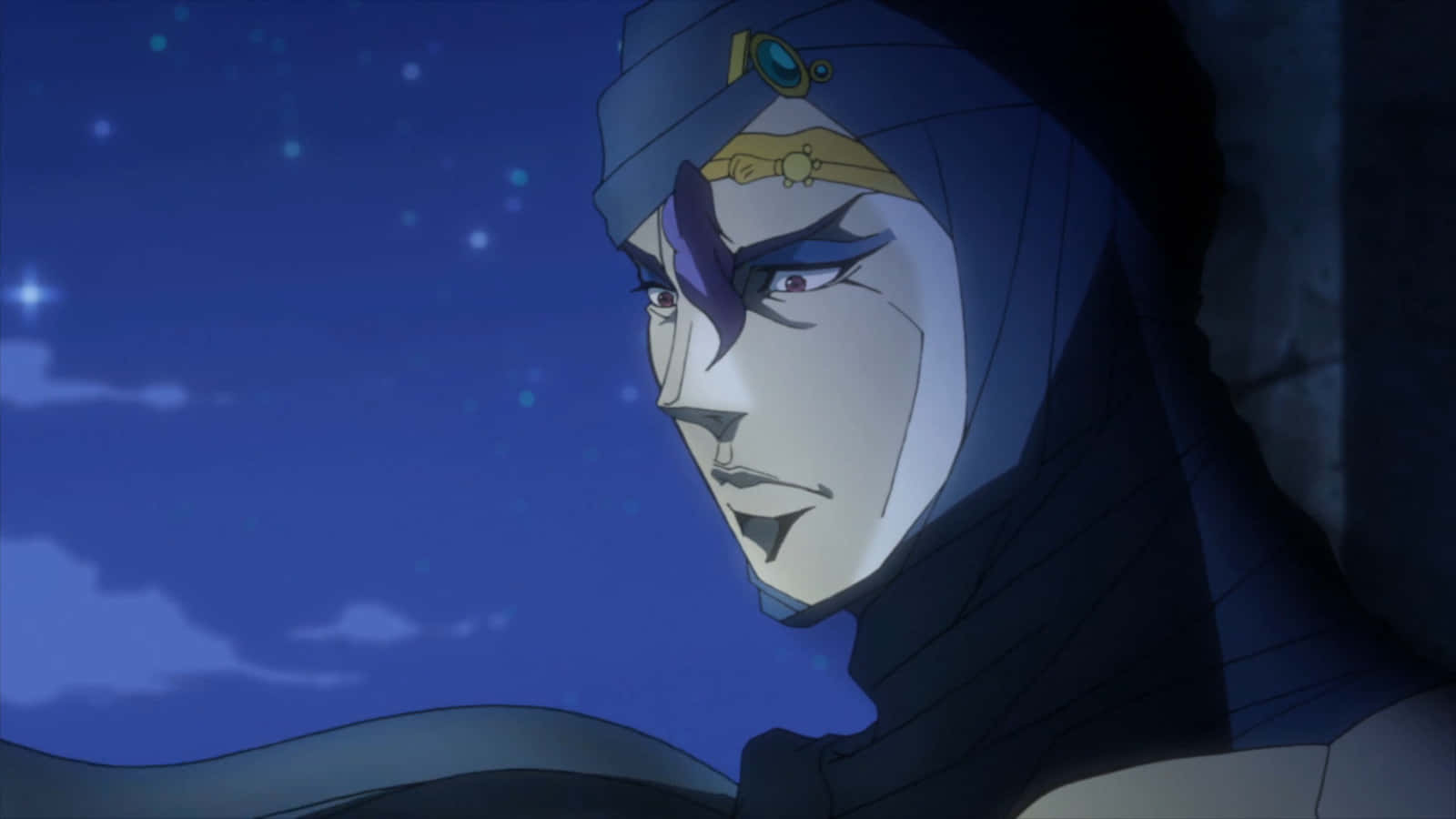 Jojo's Bizarre Adventure Kars 桌布 壁紙 — 一個嚴肅的動漫角色，紫色頭髮和頭飾，在星空下仰望。