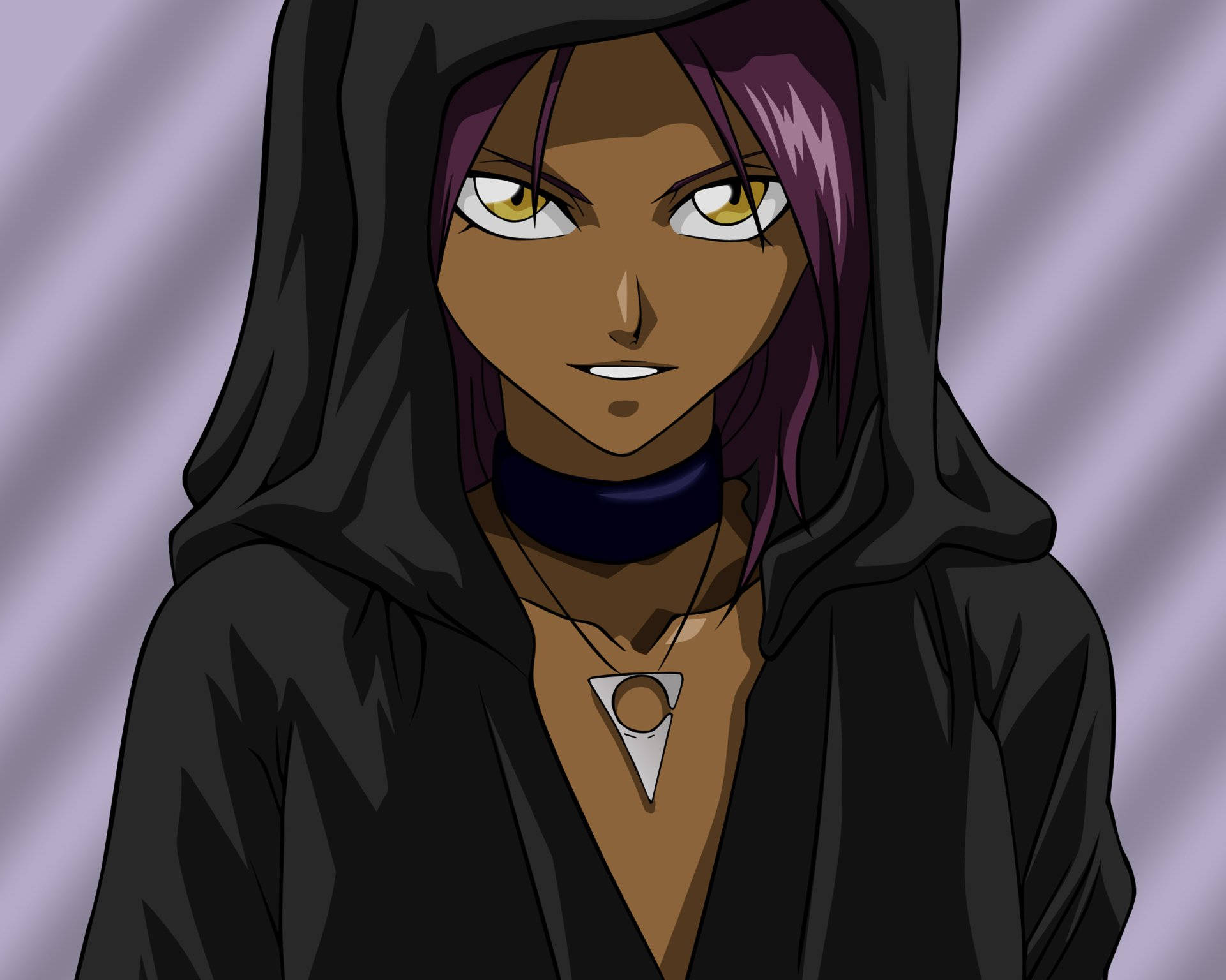 Yoruichi 桌布 壁紙 — 一個嚴肅的動漫角色，紫色頭髮和黃色眼睛，穿著黑色連帽斗篷，背景是紫色漸變。
