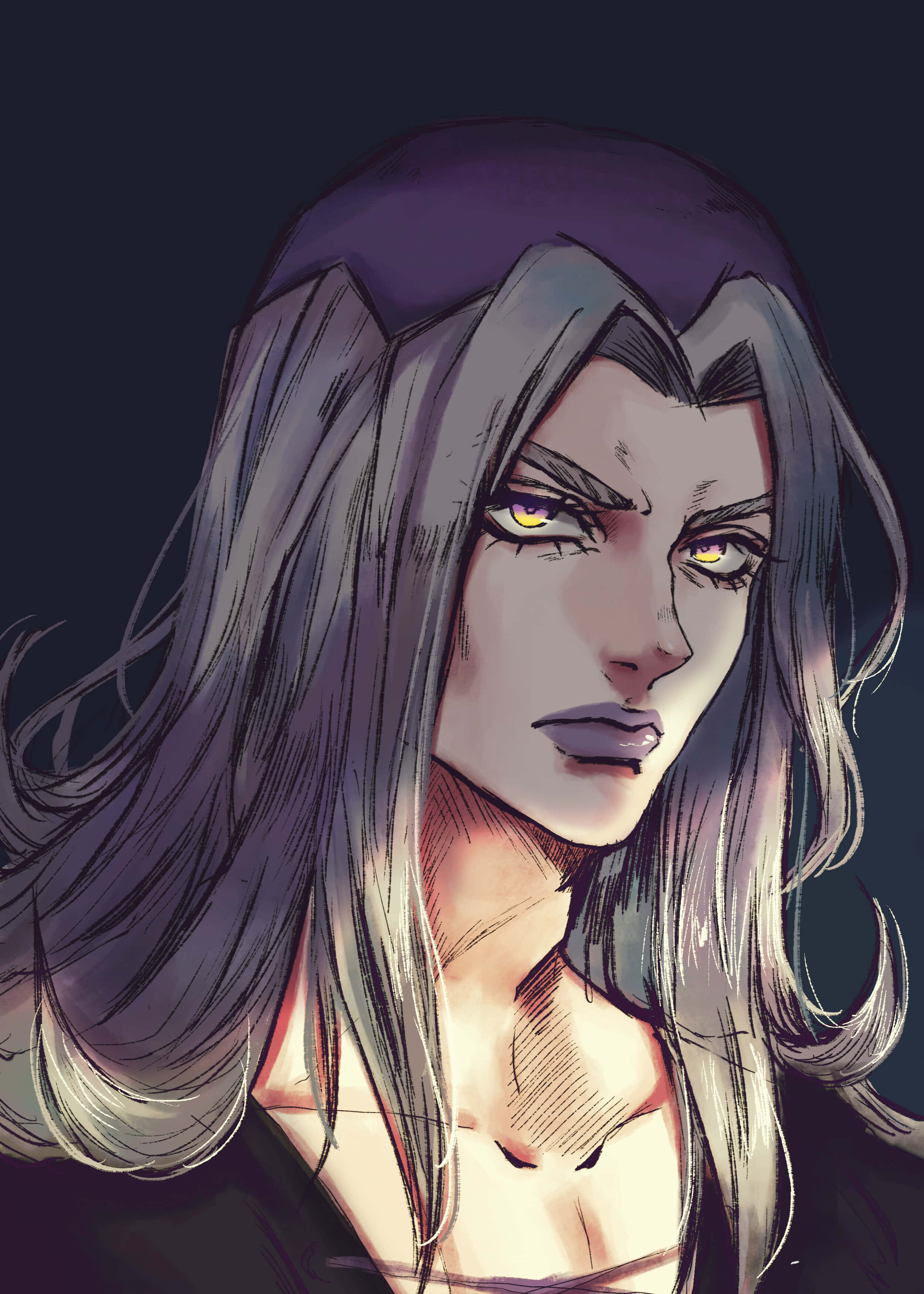 Leone Abbacchio 桌布 壁紙 — 一個嚴肅的動漫角色，長著銀色長髮和發光的黃色眼睛，在黑暗背景下強烈凝視。