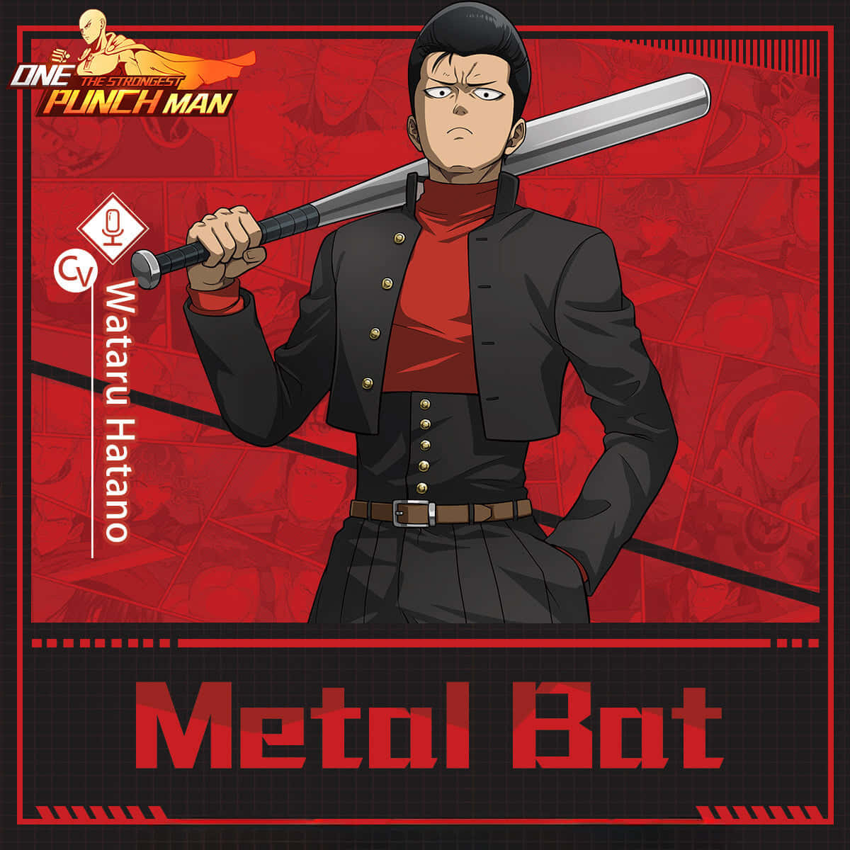 Metal Bat 桌布 壁紙 — 一個嚴肅的動漫角色，黑髮，肩上扛著棒球棍，背景是紅色和漫畫格。