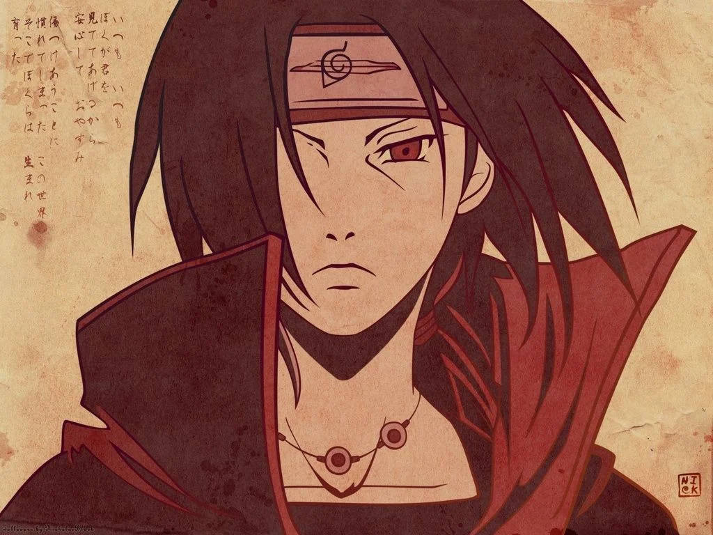 Anime Profile 桌布 壁紙 — 一個嚴肅的動漫角色，黑髮紅眼，戴著頭帶，在紋理羊皮紙背景前凝視著。