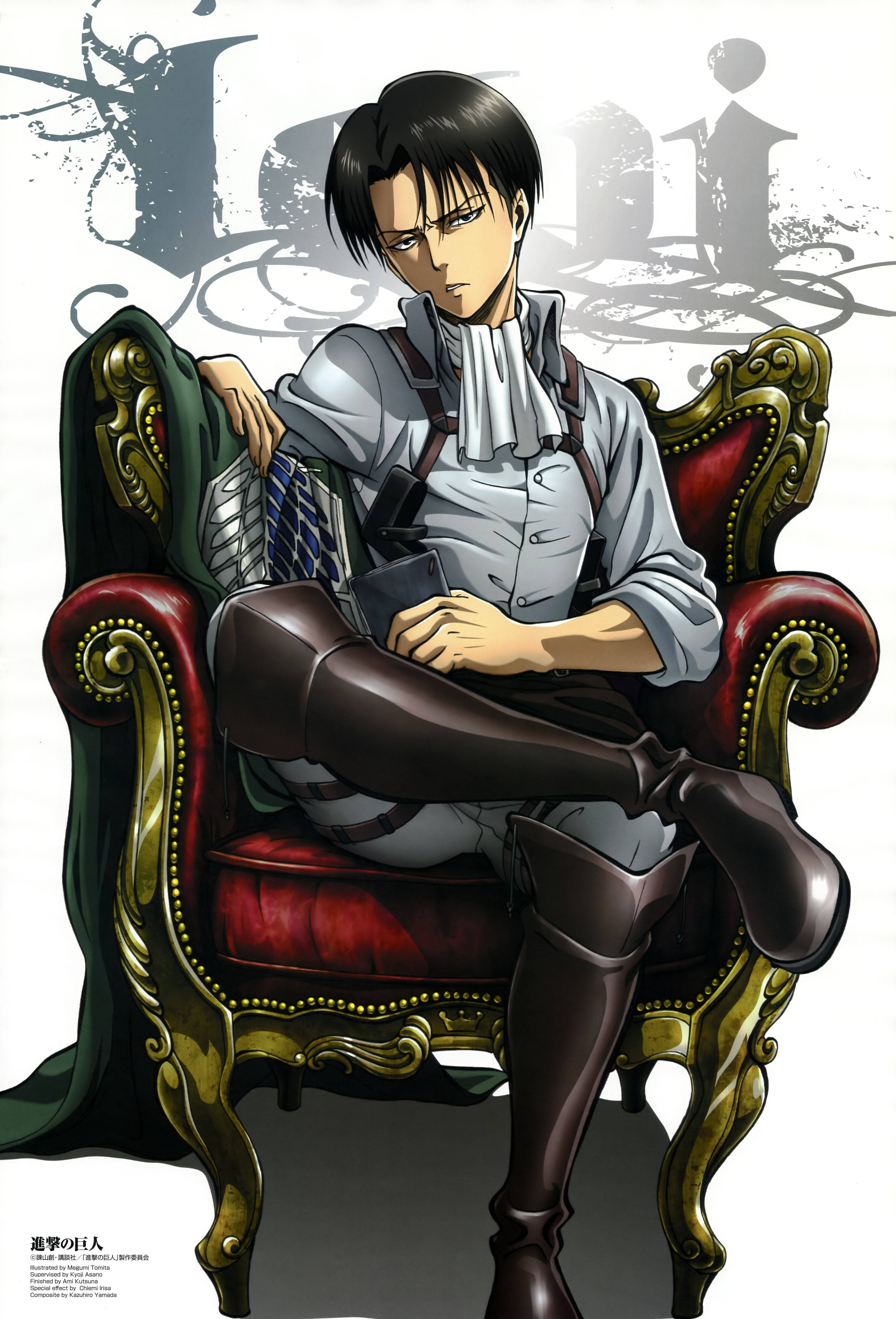 Levi 桌布 壁紙 — 一個嚴肅的動漫角色威嚴地坐在一張紅色和金色的華麗椅子上，穿著白色襯衫和棕色靴子，表情嚴肅。