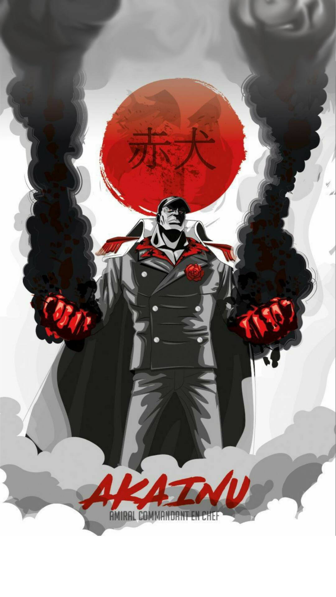 akainu 桌布 壁紙 — 一個嚴肅的動漫角色穿著軍裝，站在帶有漢字的紅太陽前，拳頭發出紅光，兩側冒煙。