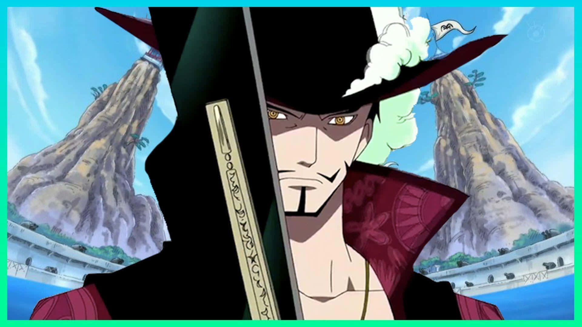 Dracule Mihawk 桌布 壁紙 — 一個嚴肅的動畫海盜，戴著黑色帽子，手持劍，站在岩石峭壁前，天空湛藍明亮。