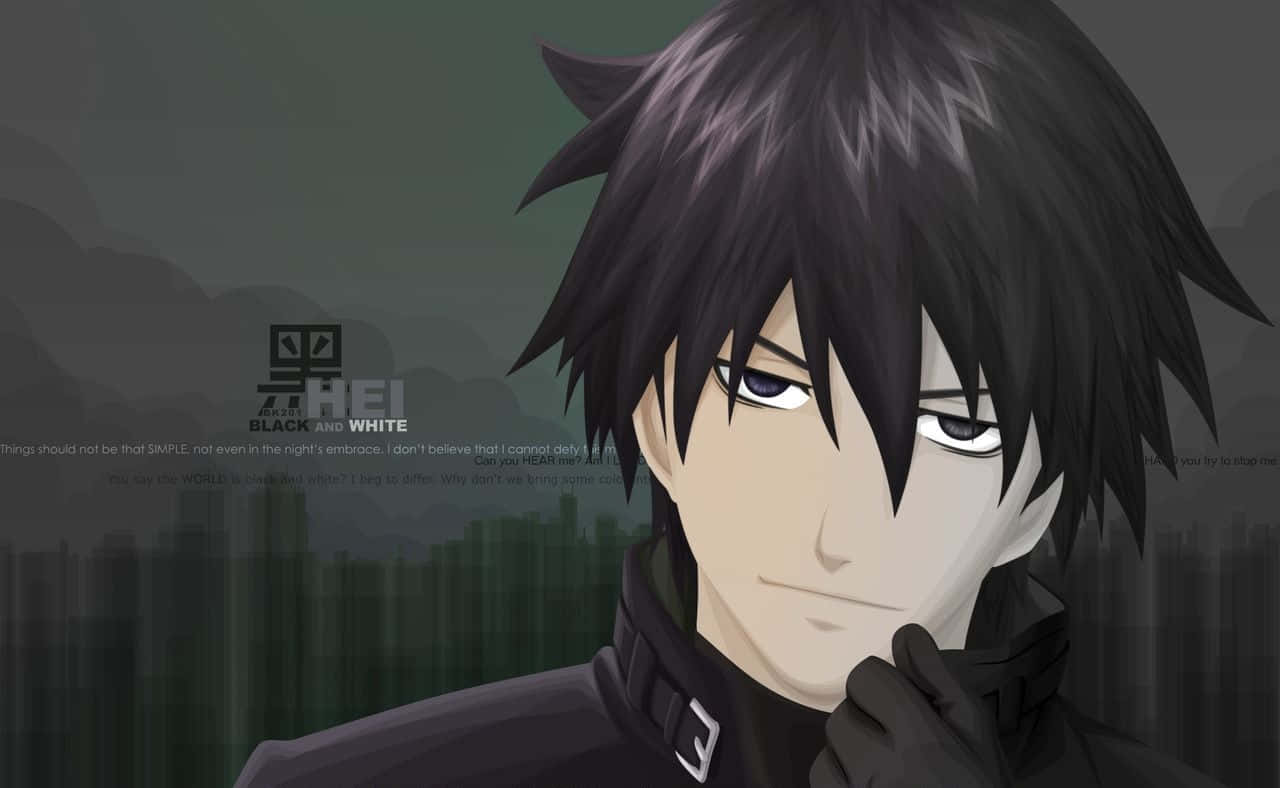 Male Anime Characters 桌布 壁紙 — 一個嚴肅的動畫男性，擁有尖刺黑髮和銳利的眼睛，在柔和的城市景觀背景下向前凝視。