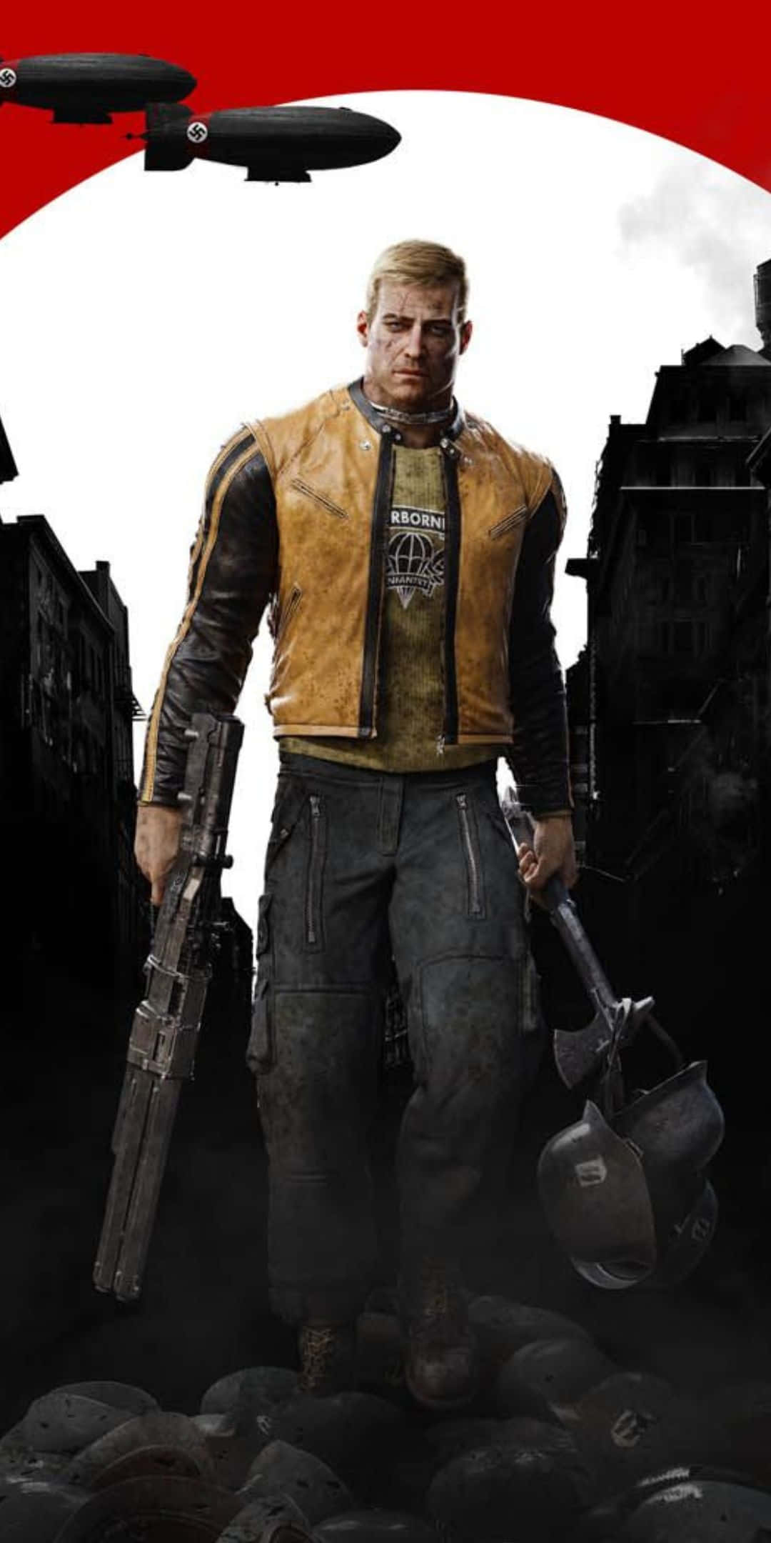 Pixel 3 Wolfenstein Ii 桌布 壁紙 — 一個嚴肅的士兵穿著皮夾克，站在戰火摧殘的城市街道上，手持步槍和斧頭，在紅色天空下，飛船在上空飛過。