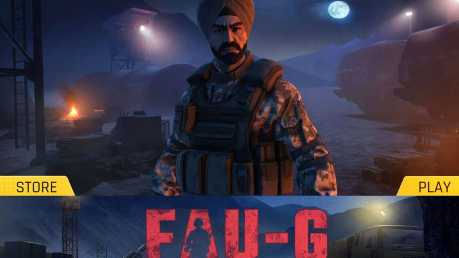 game 桌布 壁紙 — 一個嚴肅的士兵穿著迷彩服和頭巾，站在滿月下一個光線昏暗的軍事基地，有燃燒的火和瞭望塔。