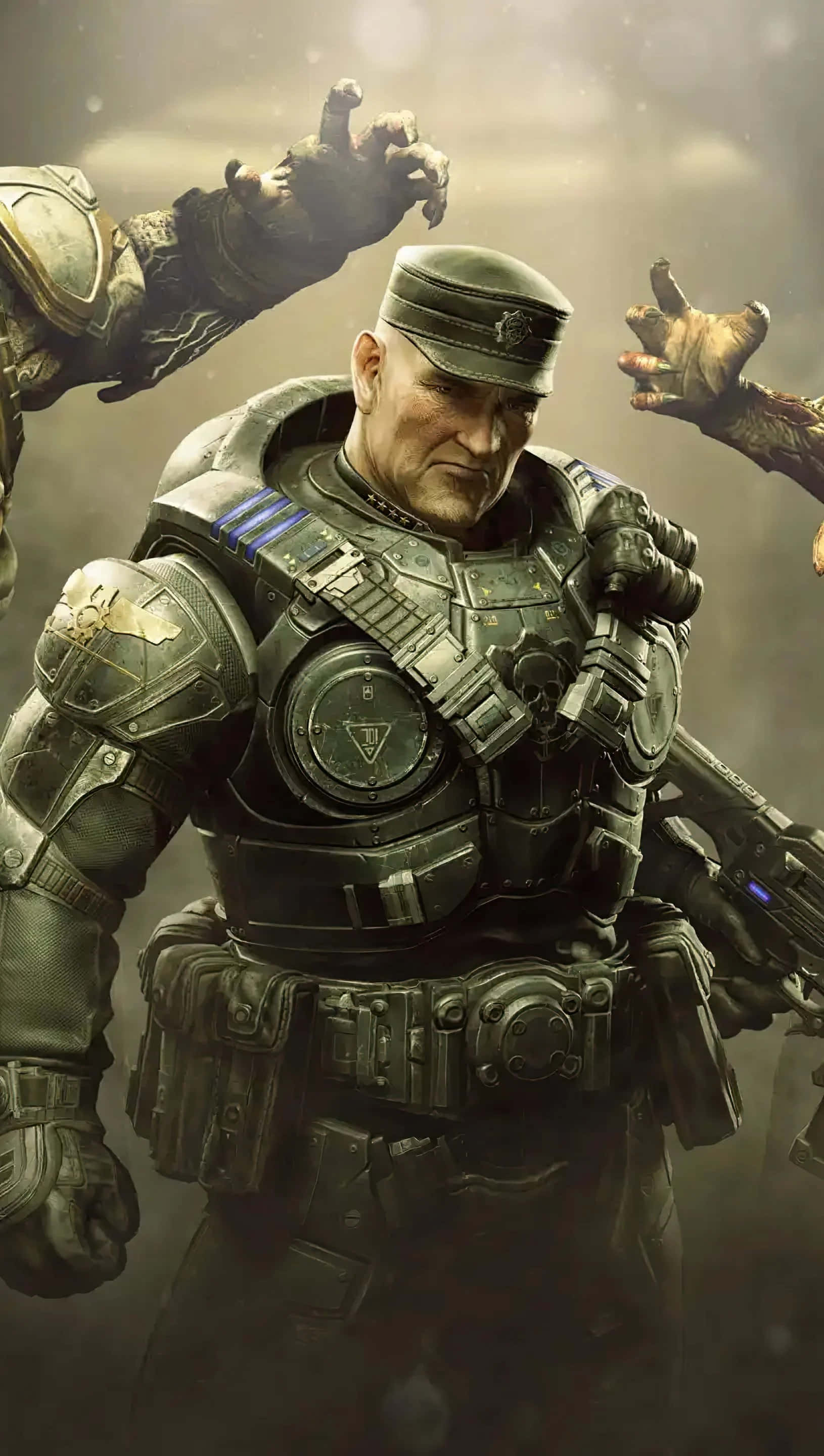 Android Gears Of War 5 桌布 壁紙 — 一個嚴肅的士兵穿著重型盔甲，挑釁地站著，而殭屍的手從霧氣背景中伸出。