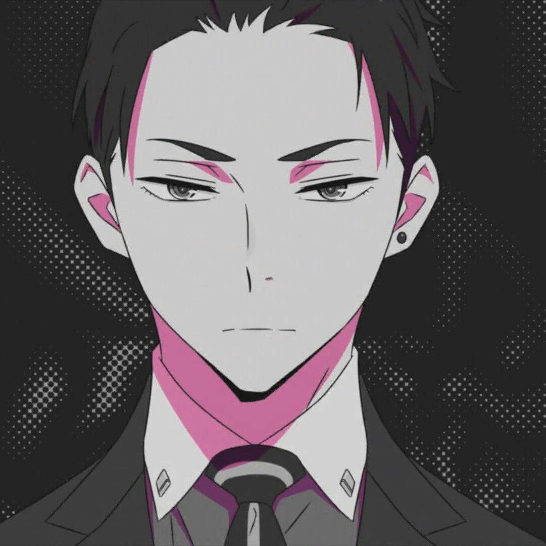 daisuke kambe 桌布 壁紙 — 一個嚴肅的年輕男子動畫肖像，帶有粉紅色髮絲和耳環，背景為黑色圓點。