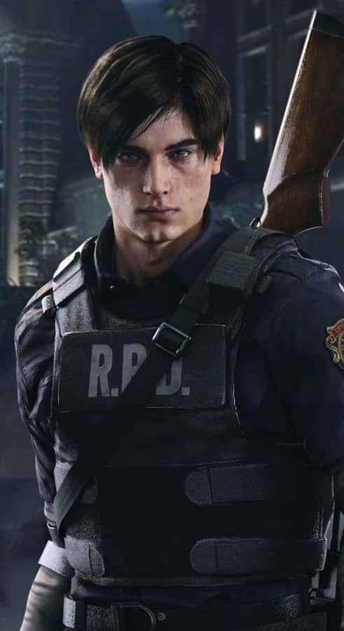 Resident Evil iPhone 桌布 壁紙 — 一個嚴肅的年輕男子身穿R.P.D.戰術裝備，在昏暗的城市廢墟中手持步槍。