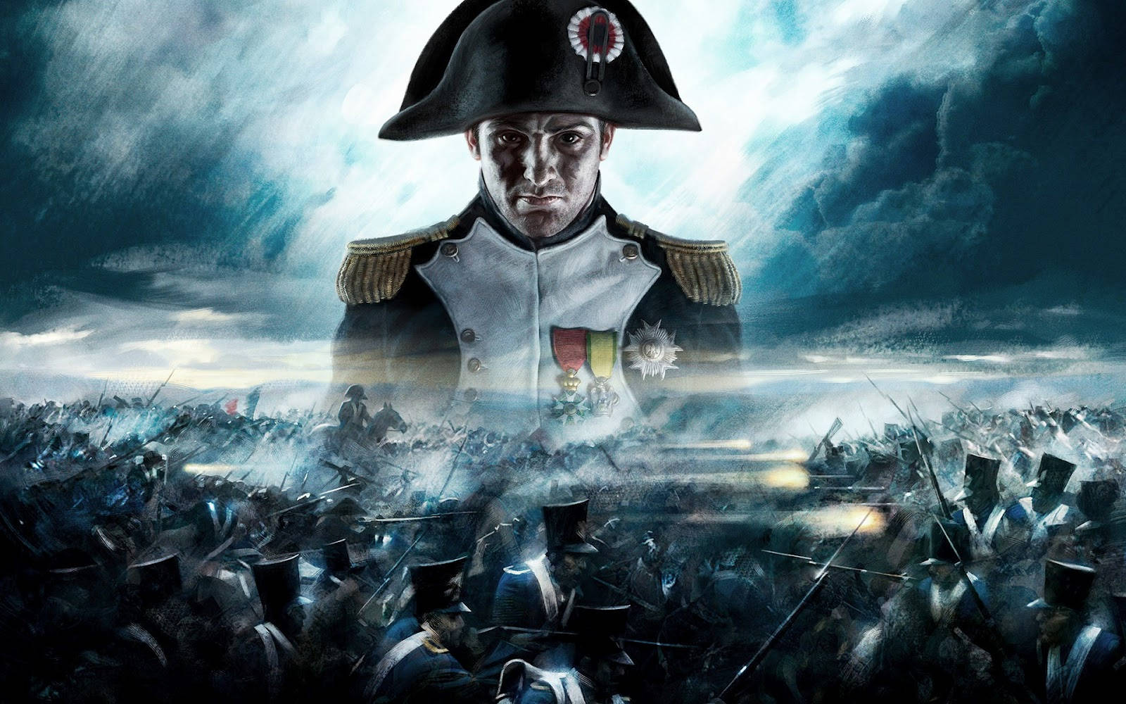 Total War 桌布 壁紙 — 一個嚴肅的拿破崙·波拿巴穿著制服，站在風暴天空下混亂的戰場之上。