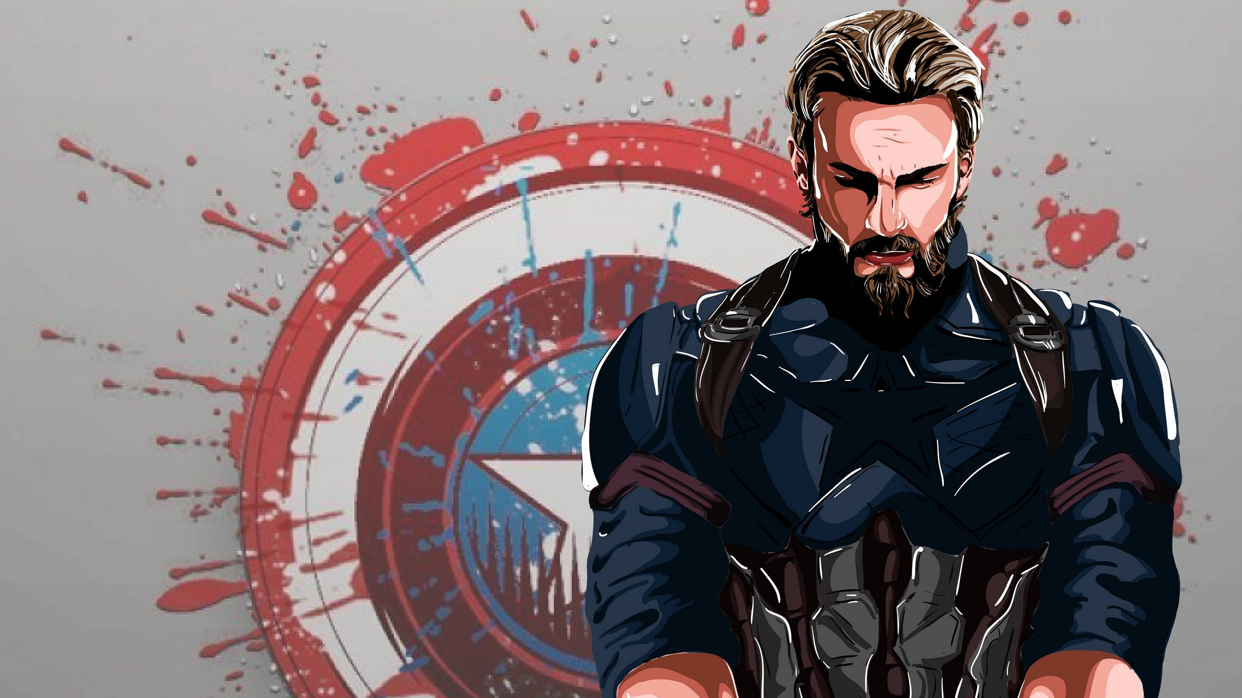Marvel Captain America 桌布 壁紙 — 一個嚴肅的插畫風格美國隊長站在一個濺有鮮明紅、藍、白色盾牌背景前。