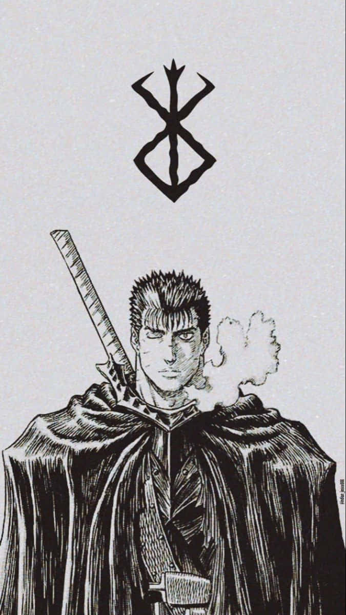 烙印勇士 桌布 壁紙 — 一個嚴肅的武士戰士披著斗篷，背著劍，在一個風格化的符號下抽煙斗。