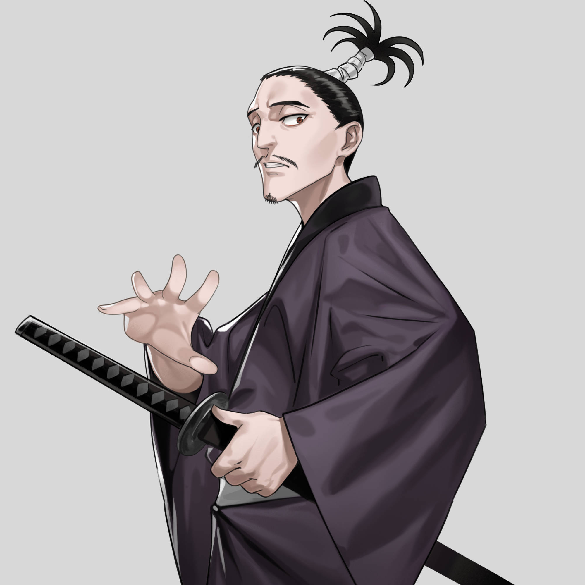 phantom 桌布 壁紙 — 一個嚴肅的武士穿著深色長袍，手持武士刀，另一隻手在純灰色背景前做手勢。