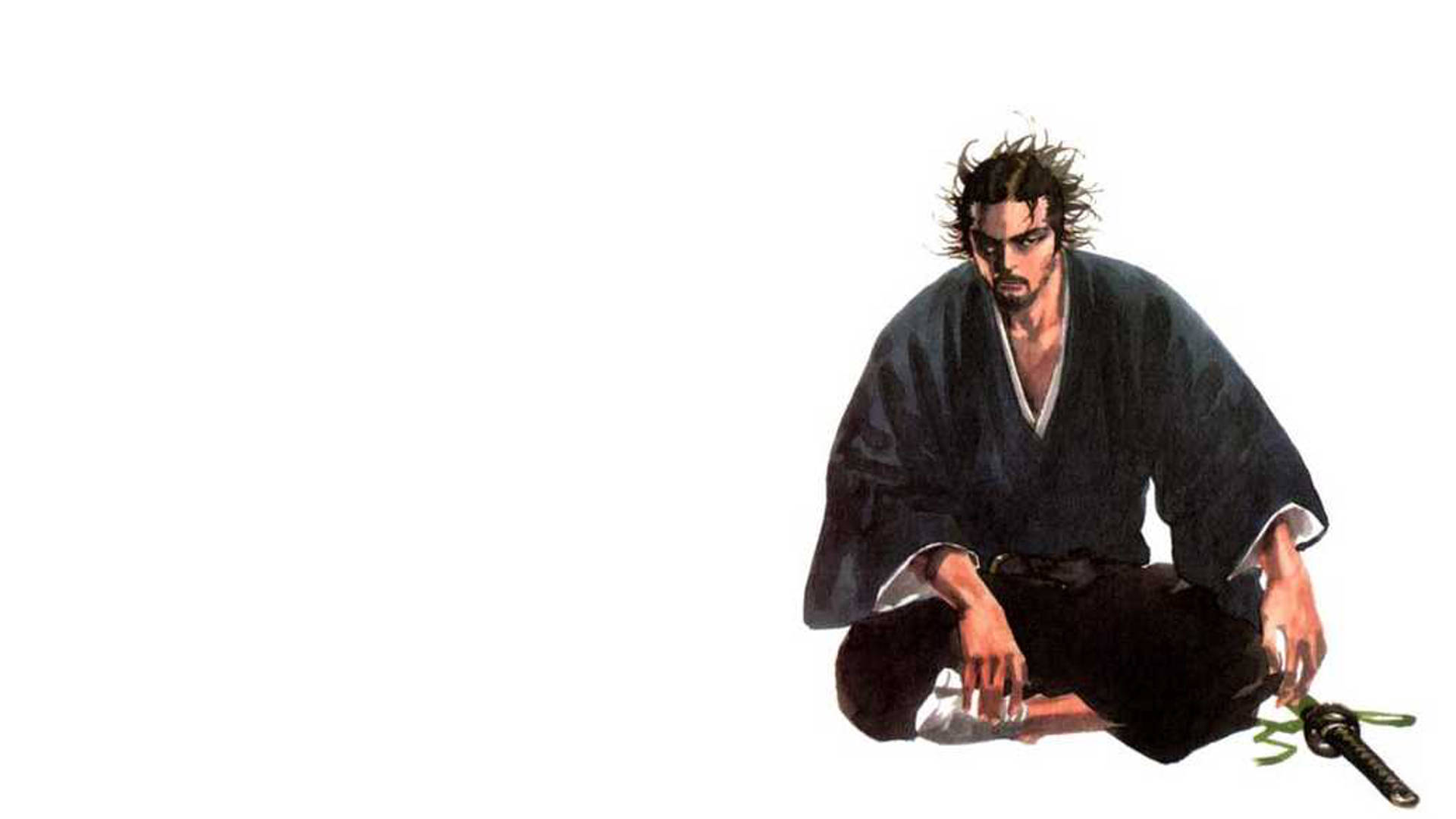 Vagabond 桌布 壁紙 — 一個嚴肅的武士穿著深色長袍，盤腿而坐，手持武士刀，背景是純白色。