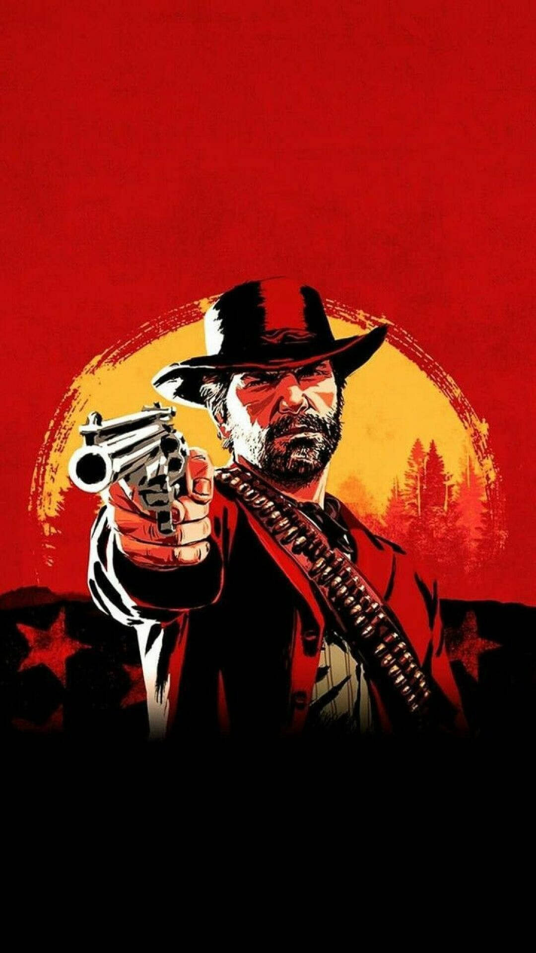 Red Dead Redemption 2 Desktop 桌布 壁紙 — 一個嚴肅的牛仔，留著鬍子，戴著帽子，在火紅的日落背景下，直接將左輪手槍瞄準觀眾。