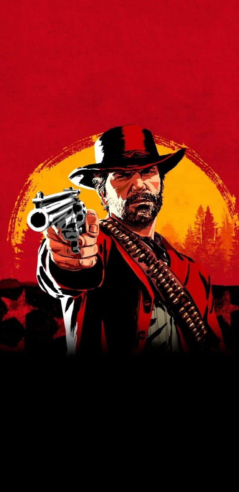 arthur morgan 桌布 壁紙 — 一個嚴肅的牛仔，留著鬍子，戴著帽子，在熾熱的紅色和橙色日落背景下瞄準左輪手槍。