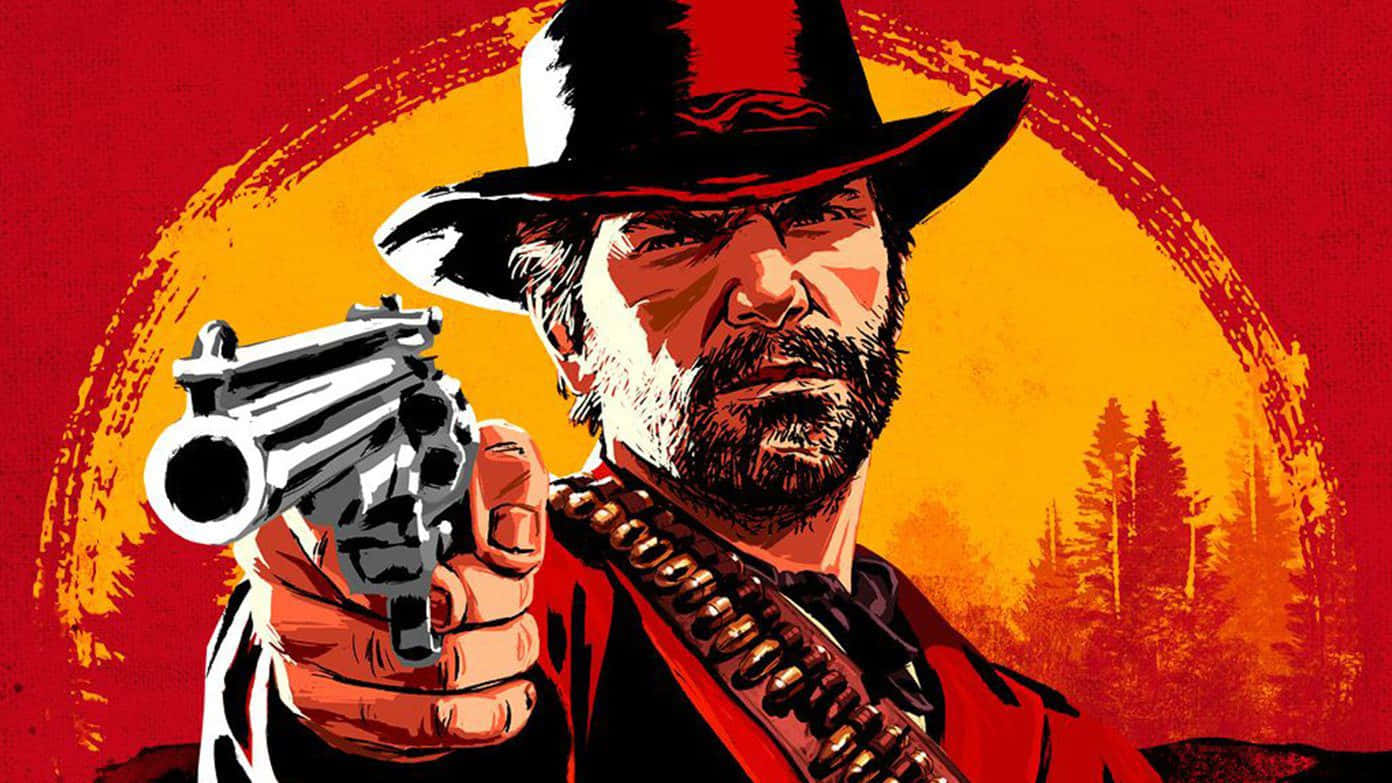 Red Dead Redemption 4K 桌布 壁紙 — 一個嚴肅的牛仔手持左輪手槍，在熾熱的紅橙色日落背景下直接瞄準觀眾。