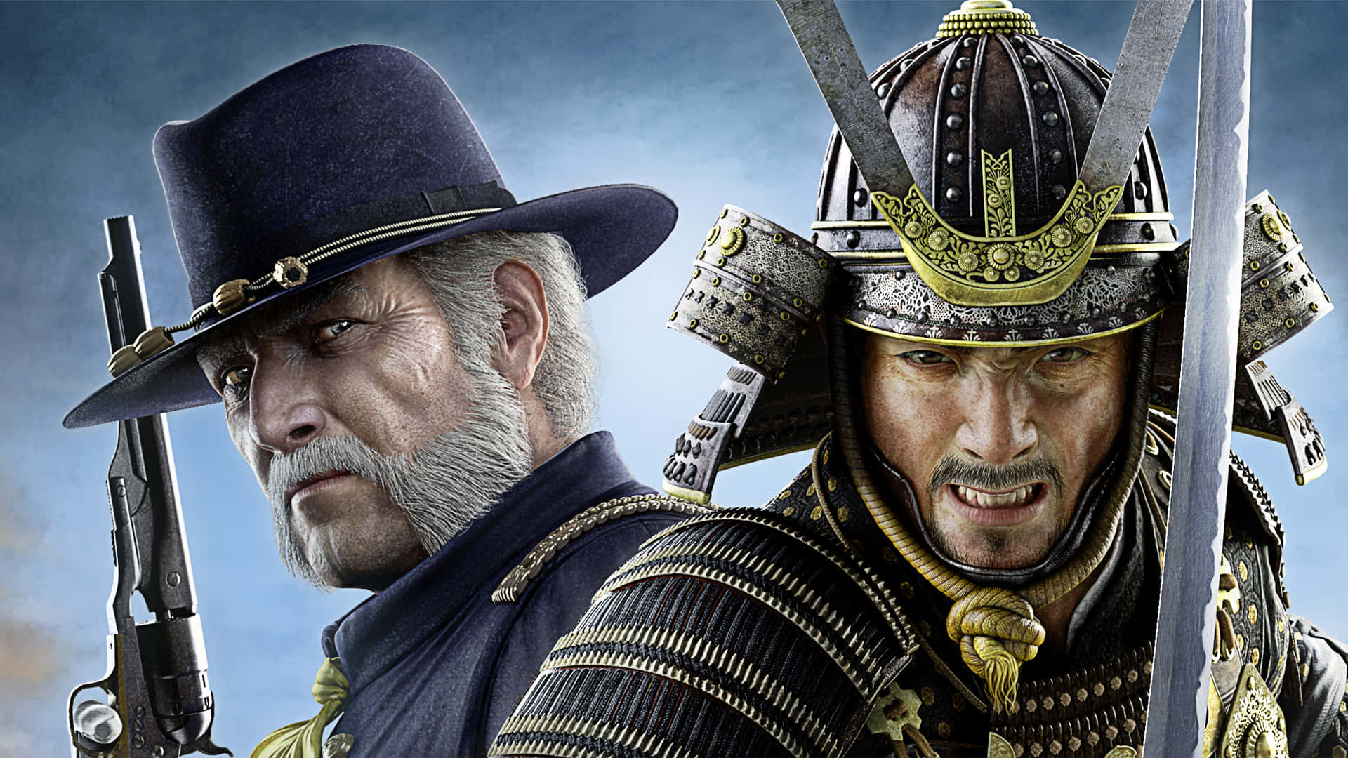 shogun 2 total war 桌布 壁紙 — 一個嚴肅的牛仔拿著左輪手槍，面對一個穿著華麗盔甲、手持武士刀的兇猛武士，背景是暴風雨的天空。