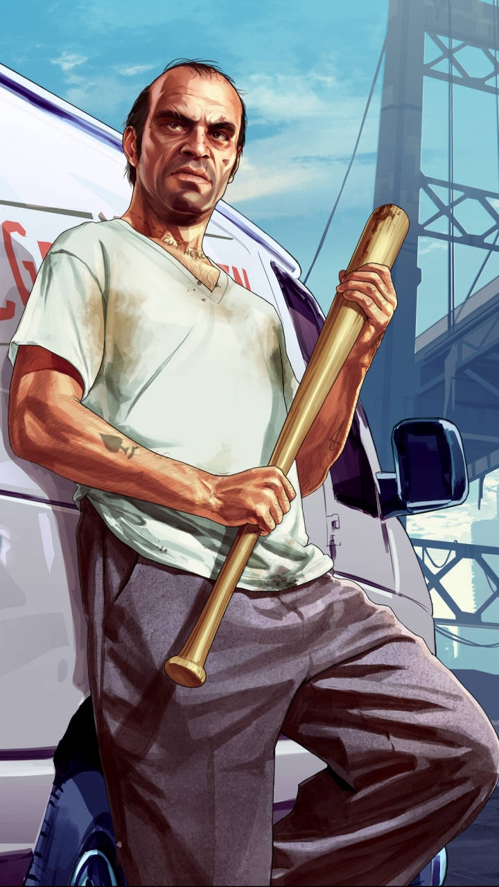 一個男人在都市環境中拿著棒球棍站在廂型車旁邊。 — GTA 5 動圖 壁紙