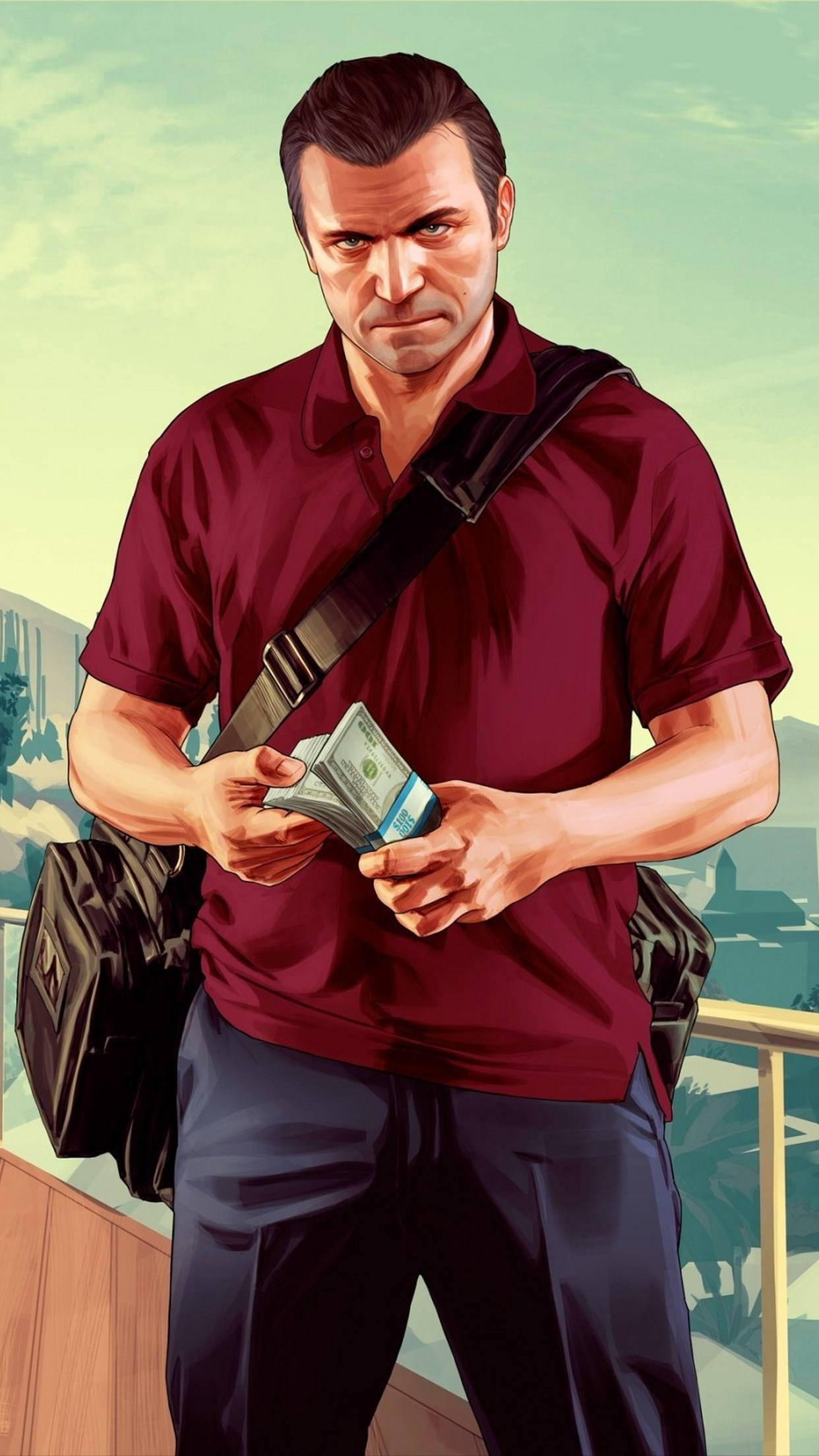 Gta 桌布 壁紙 — 一個嚴肅的男人穿著栗色Polo衫，站在俯瞰城市景觀的陽台上數現金。