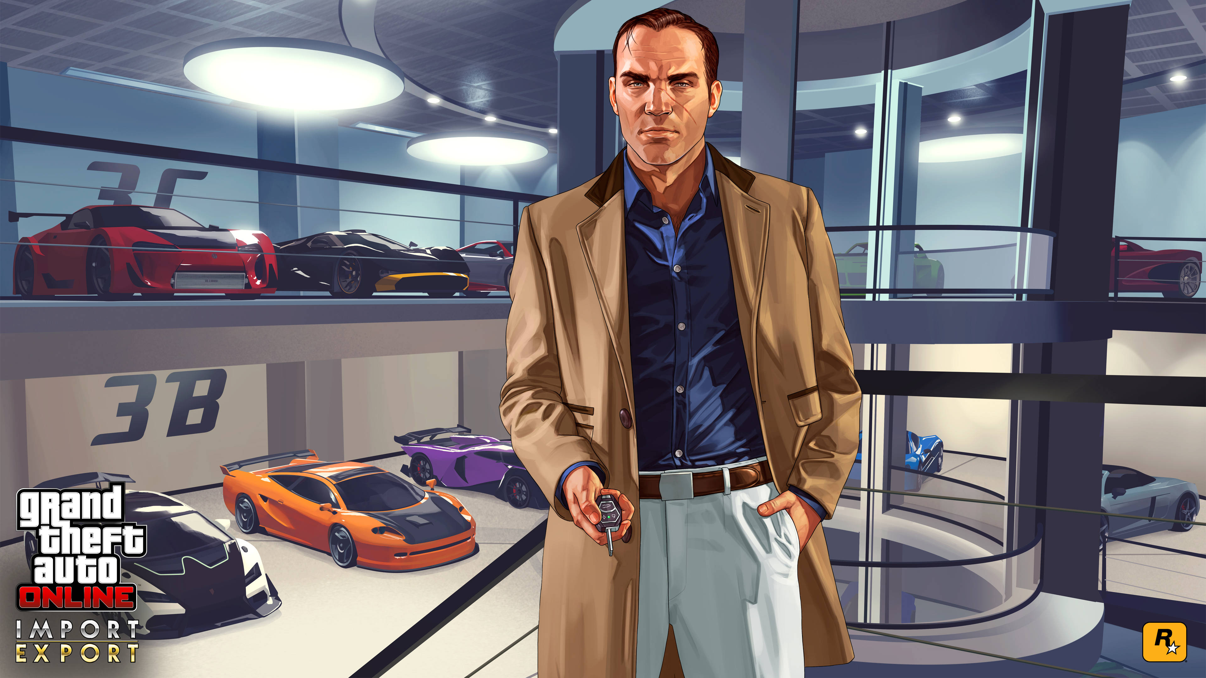 Gta 桌布 壁紙 — 一個嚴肅的男人穿著棕褐色外套，站在時尚的汽車經銷店裡，拿著鑰匙，周圍是充滿活力的超級跑車。