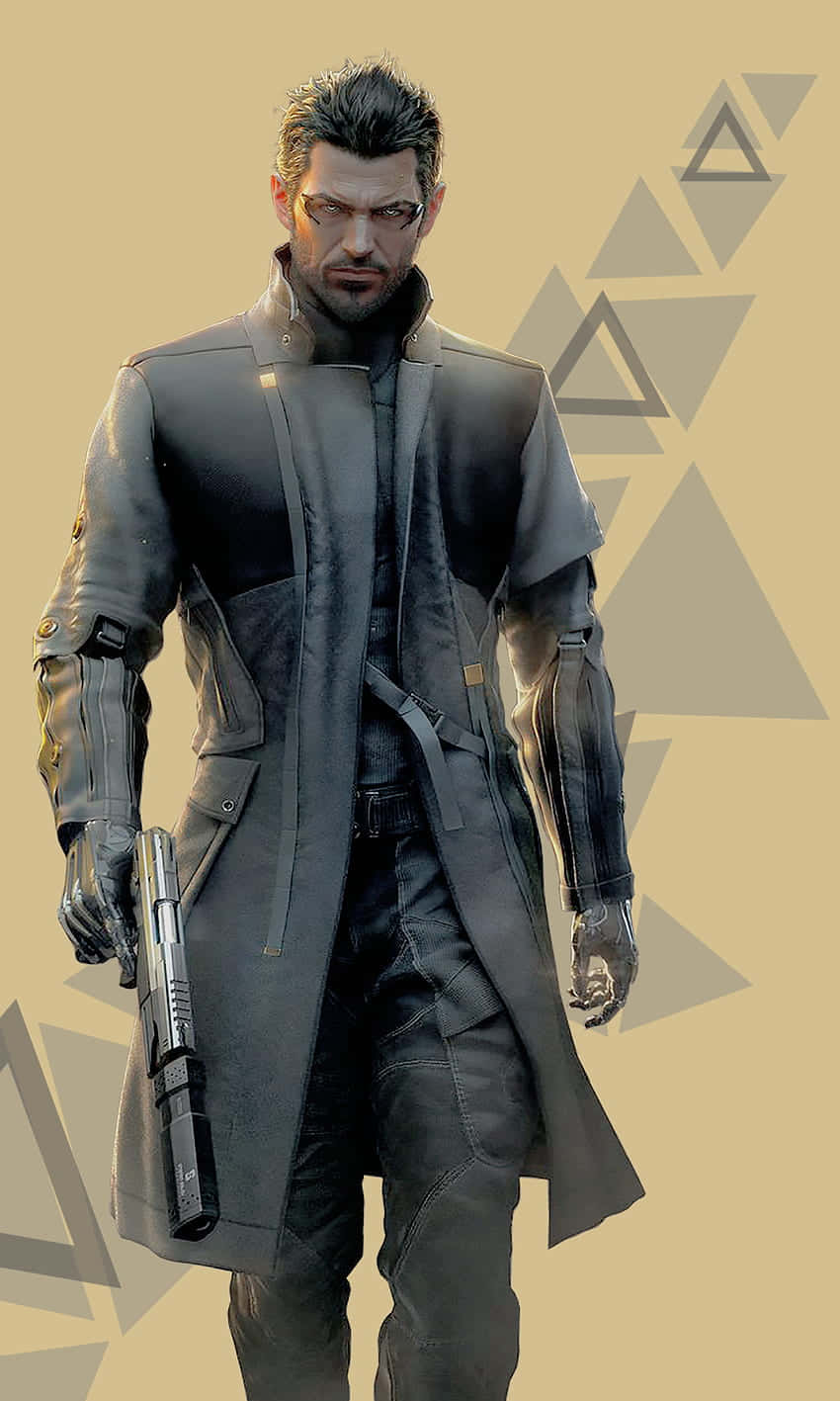 Android Deus Ex Mankind Divided 桌布 壁紙 — 一個嚴肅的男人穿著深色風衣，在幾何三角形背景前拿著手槍。