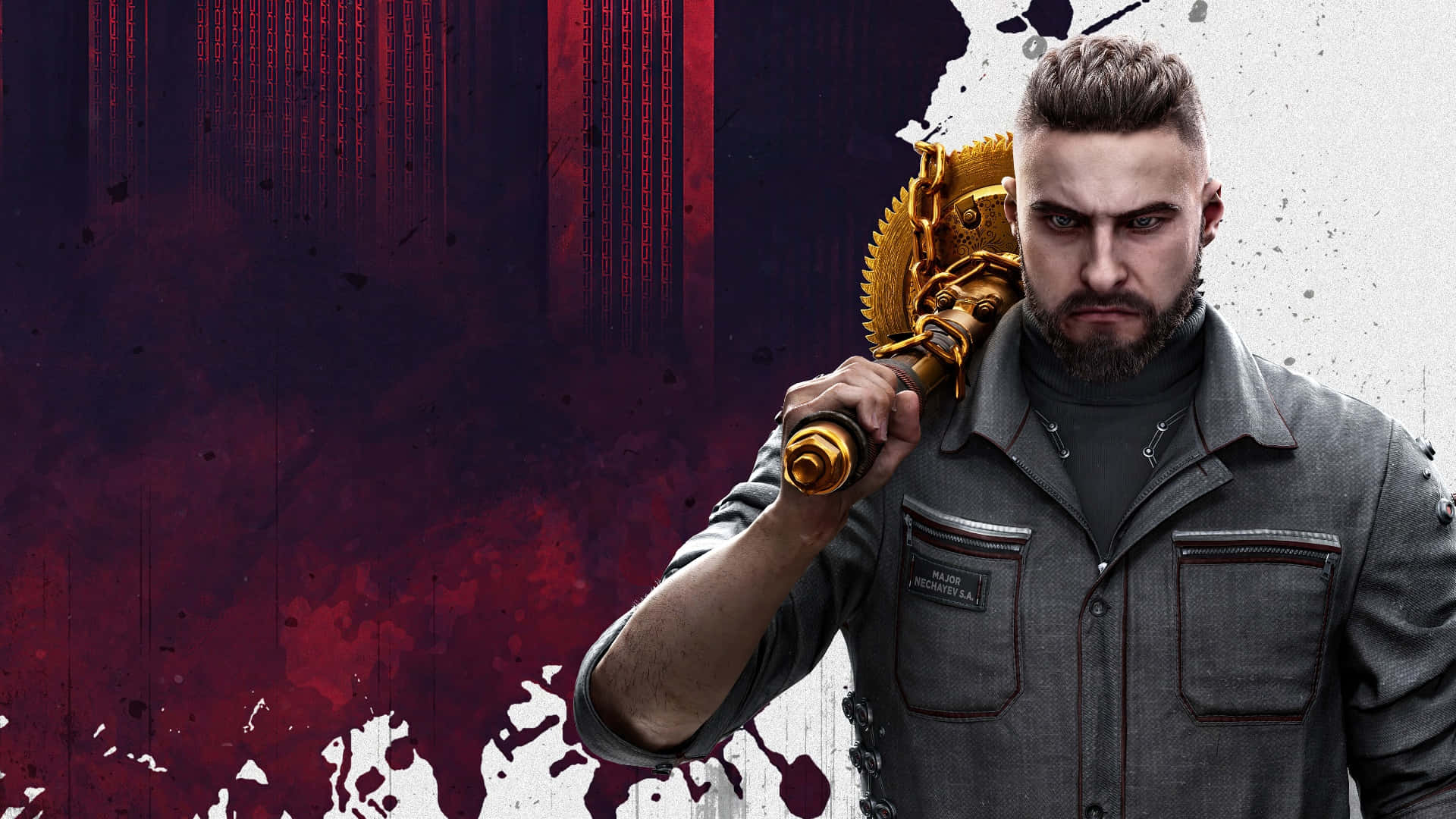 Sci Fi Games 桌布 壁紙 — 一個嚴肅的男人穿著灰色夾克，手持金色機械武器，背景是紅色和白色的潑濺效果。