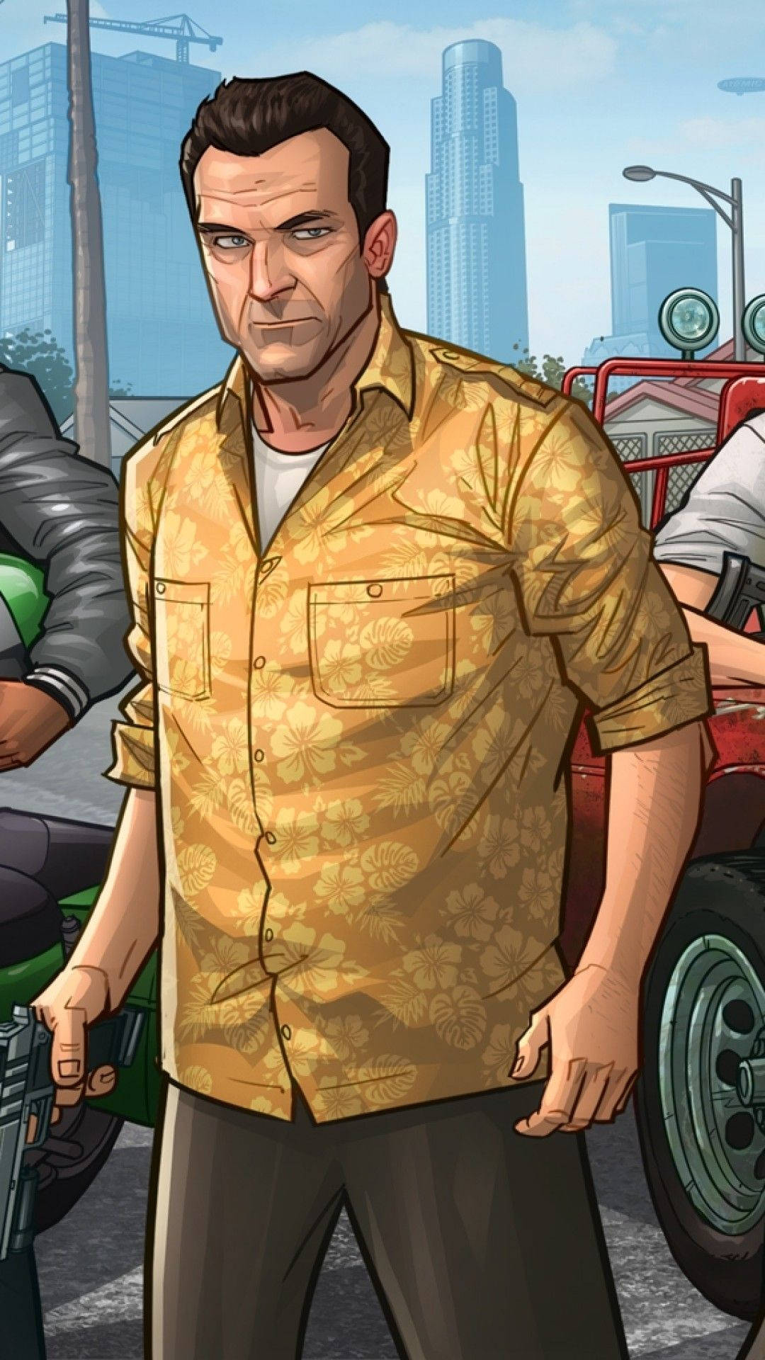 gta iPhone 桌布 壁紙 — 一個嚴肅的男人穿著黃色花襯衫，站在城市街道上拿著槍，身後是摩天大樓。