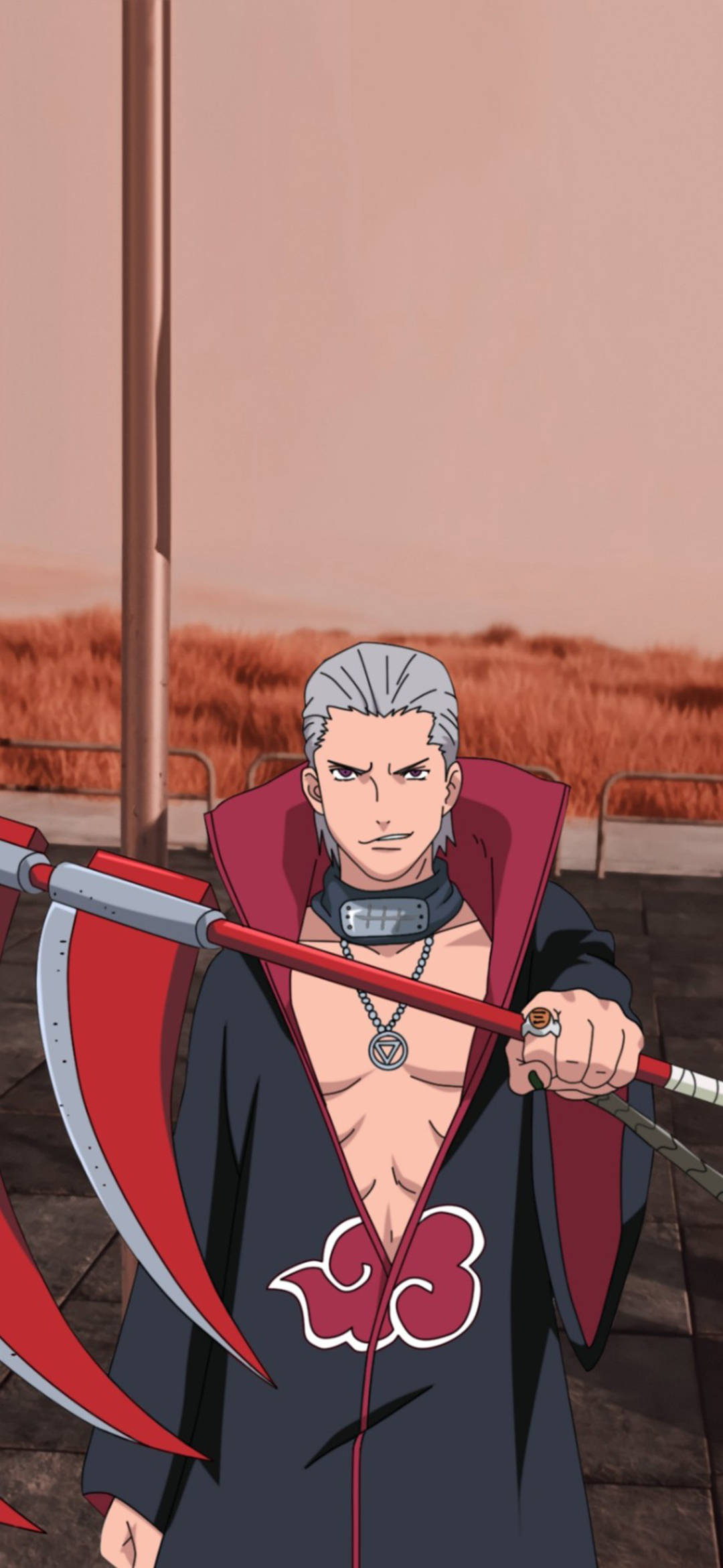 hidan akatsuki 桌布 壁紙 — 一個嚴肅的白髮動漫角色在塵土飛揚的橙色背景下揮舞著紅色鐮刀。
