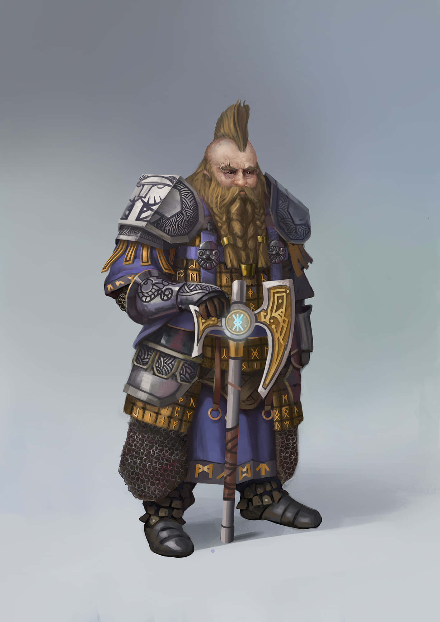 Dwarf 桌布 壁紙 — 一個嚴肅的矮人戰士，身穿華麗的紫色和金色盔甲，手持發光的斧頭，站在純灰色背景前。