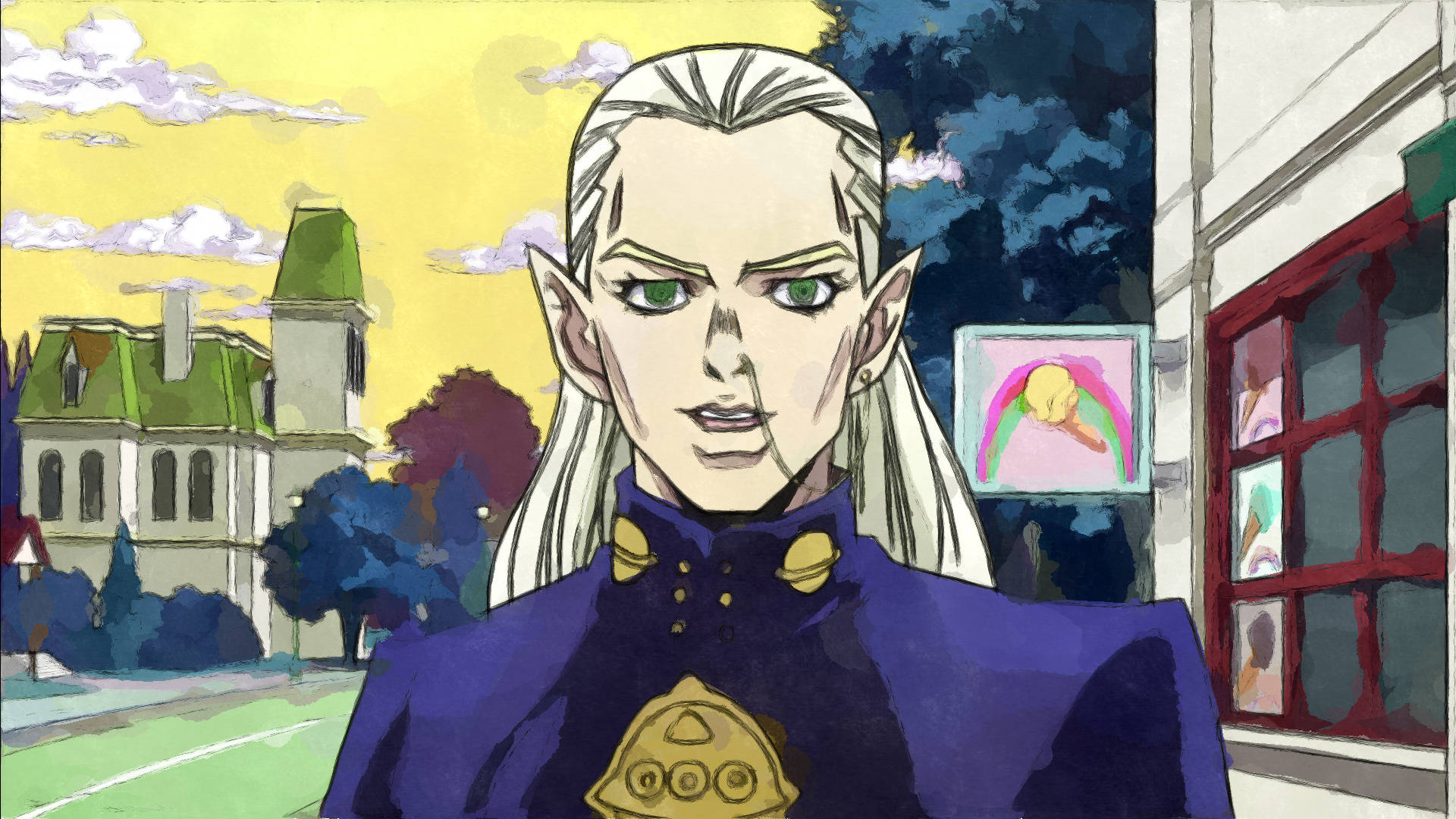 jojo 4K 桌布 壁紙 — 一個嚴肅的精靈動漫角色，白髮綠眼，站在日落時分色彩繽紛的歐洲街景中。