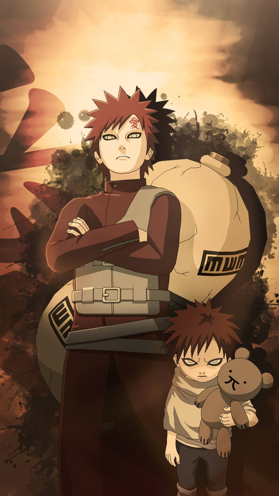 Gaara iPhone 桌布 壁紙 — 一個嚴肅的紅髮動漫忍者交叉雙臂站立，旁邊有一個較小的自己抱著泰迪熊，背景是熾熱的日落。