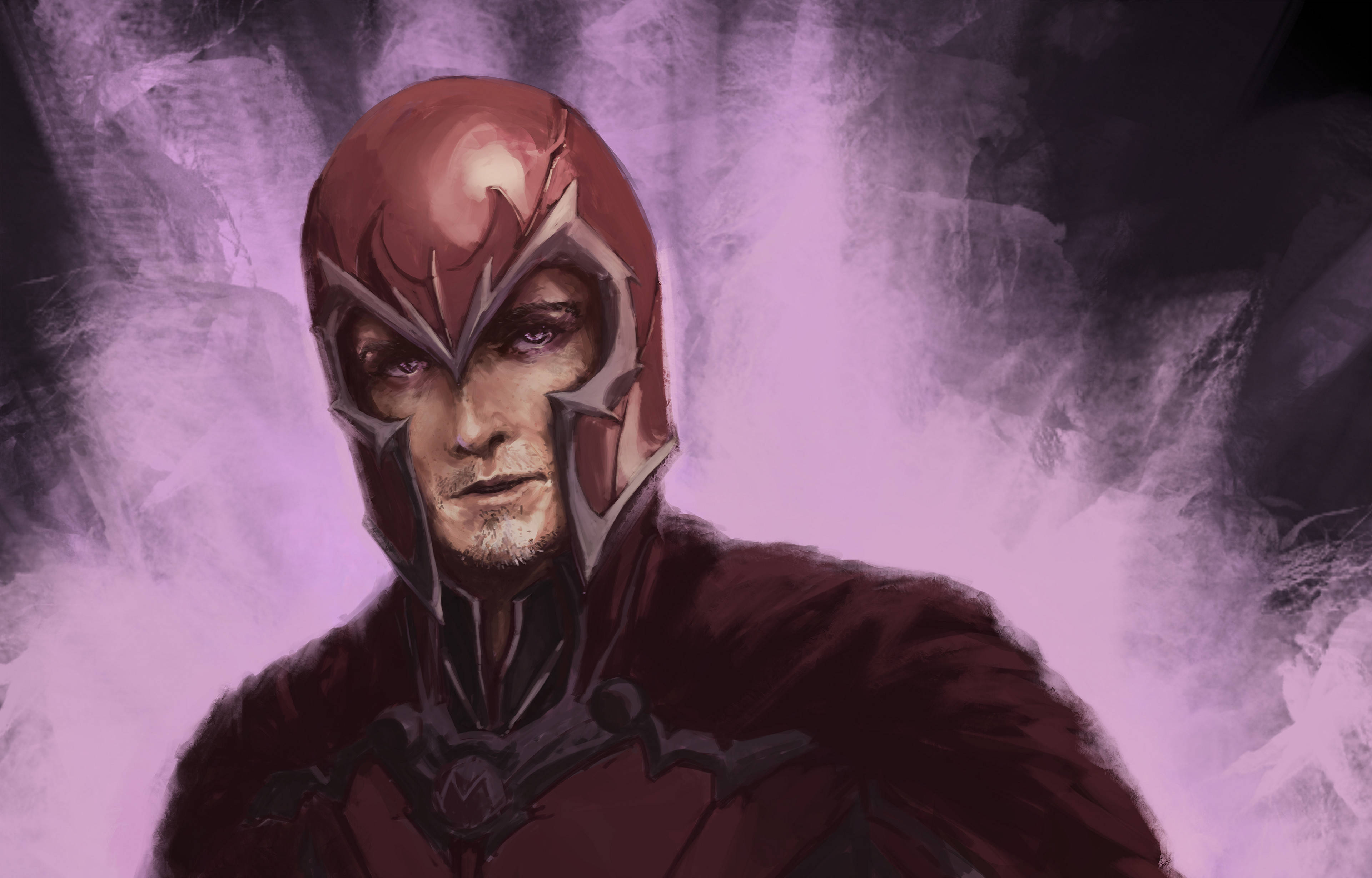 Magneto 桌布 壁紙 — 一個嚴肅的萬磁王穿著紅色和銀色盔甲，站在旋轉的紫色和灰色能量場前。