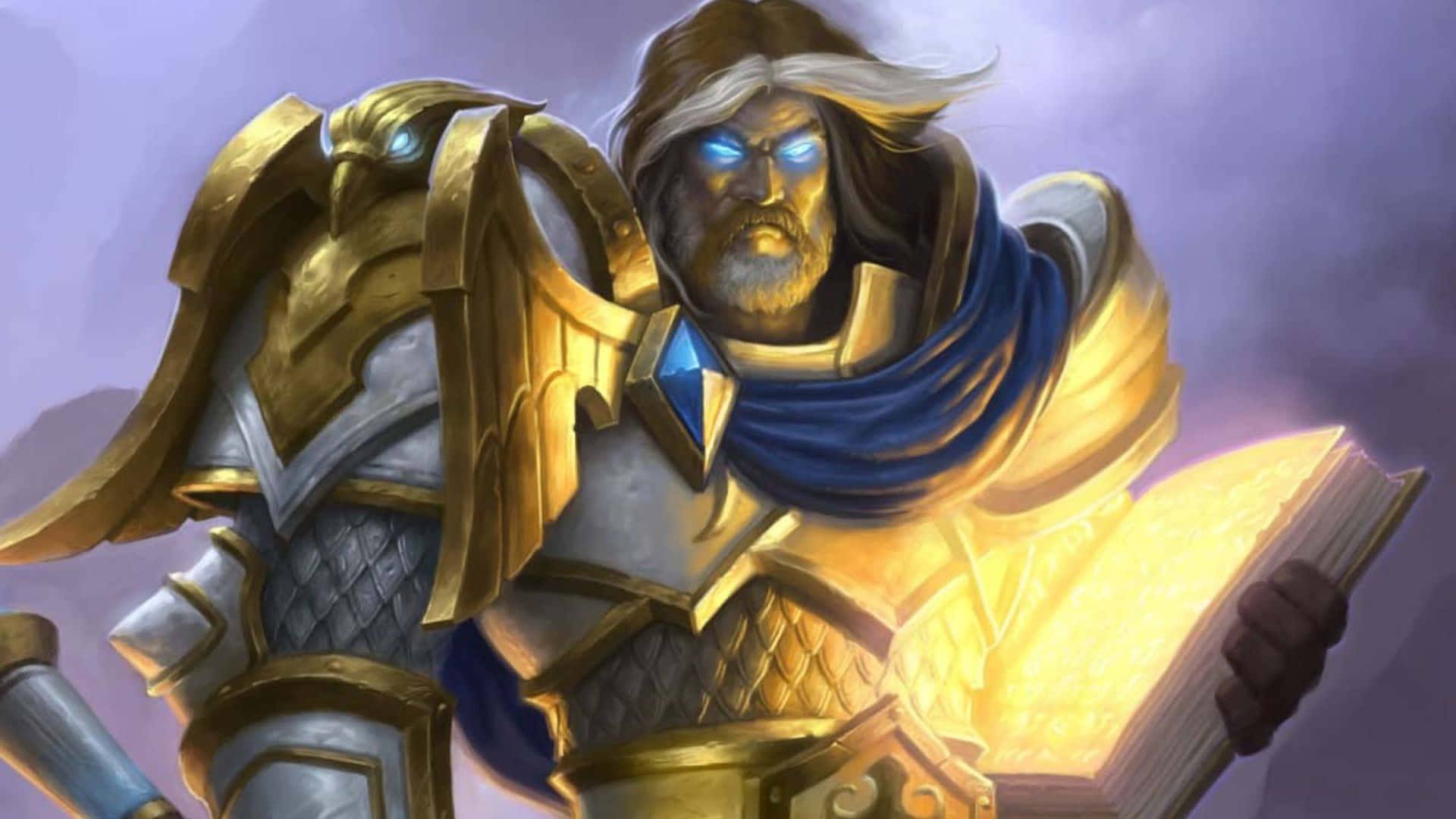 World Of Warcraft Races 桌布 壁紙 — 一個嚴肅的裝甲戰士，擁有發光的藍色眼睛，在紫色多雲的天空下拿著一本發光的書。