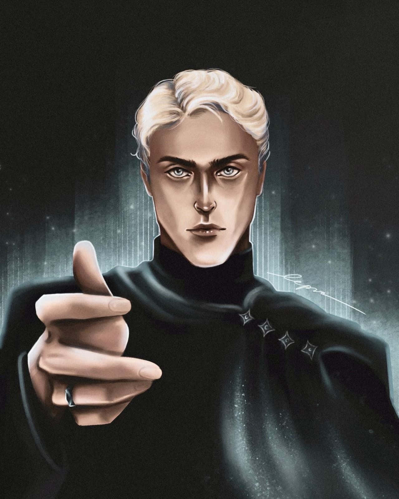Death Eaters 桌布 壁紙 — 一個嚴肅的金髮男人穿著黑色長袍，在黑暗的星空背景下直接指向觀眾。