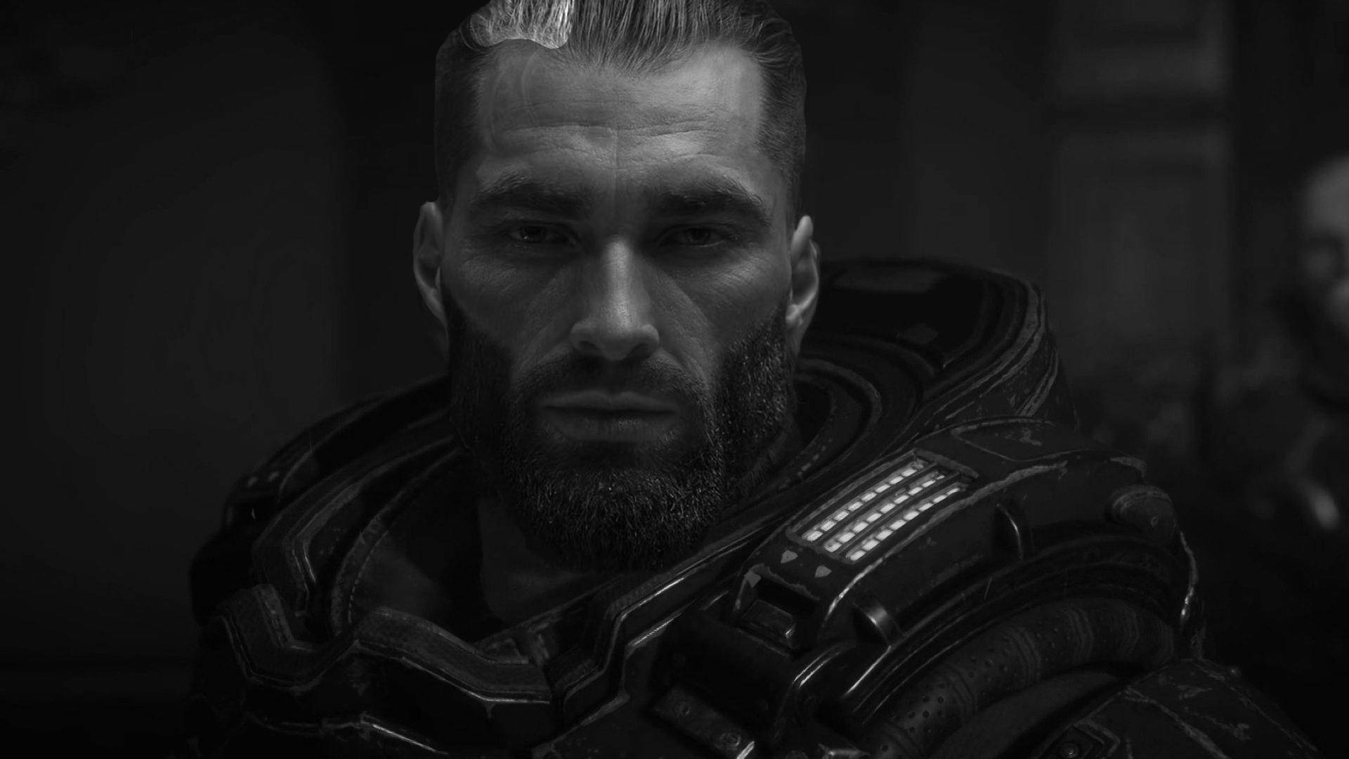 一個認真的士兵穿著未來裝甲，在黑暗的科幻場景中凝視著。 — Giga Chad GIF 壁紙