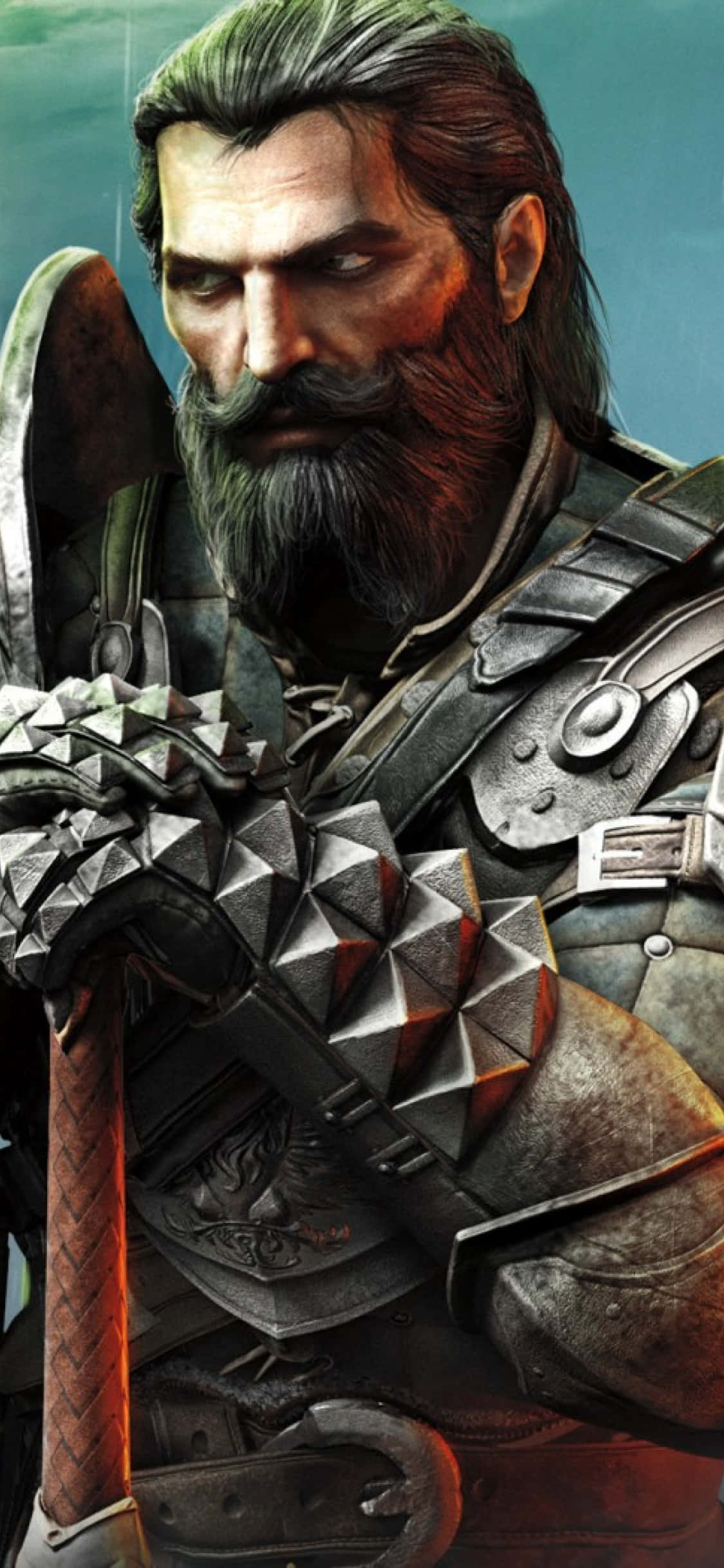 iPhone Xs Dragon Age Inquisition 桌布 壁紙 — 一個嚴肅的鬍鬚戰士穿著精細的金屬盔甲，在青綠色背景上握著帶刺狼牙棒。