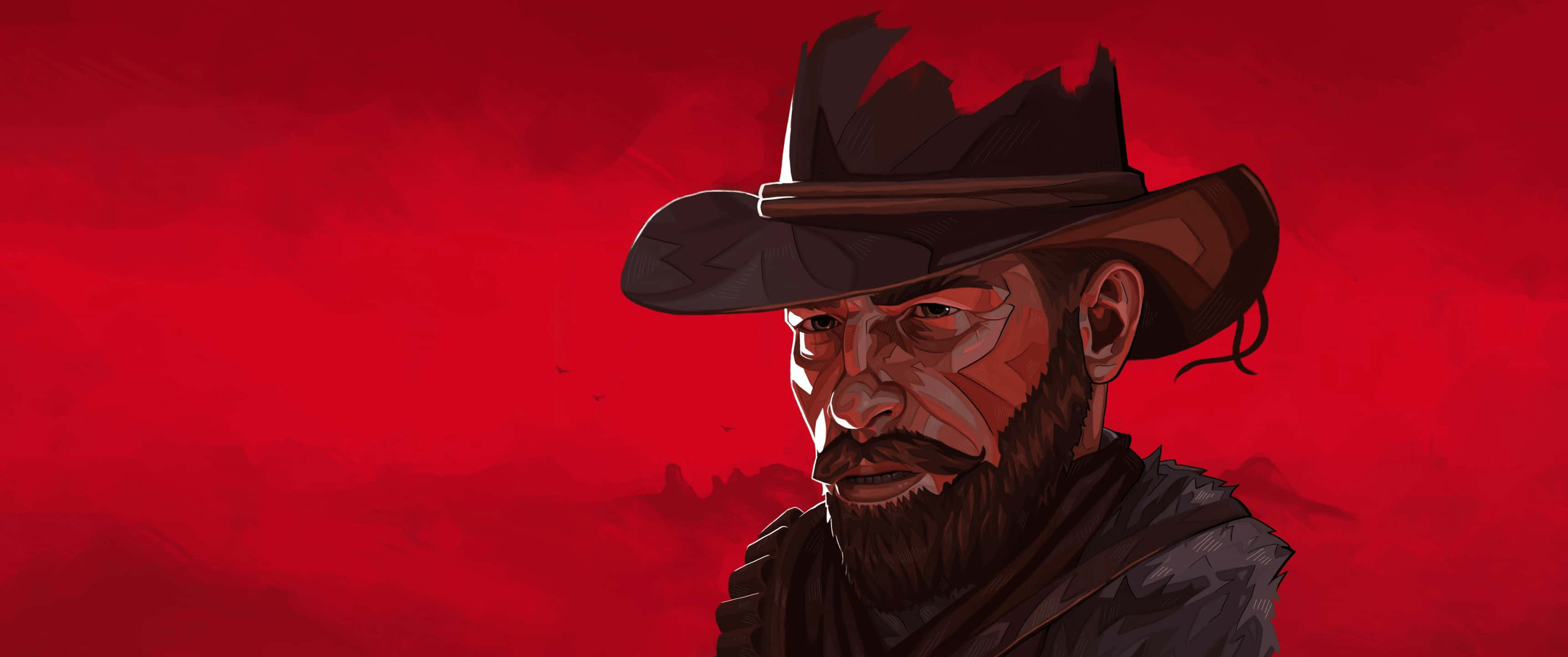 Cowboy Hat 桌布 壁紙 — 一個嚴肅的鬍鬚牛仔戴著破舊的帽子，在鮮紅色的背景下強烈地凝視。