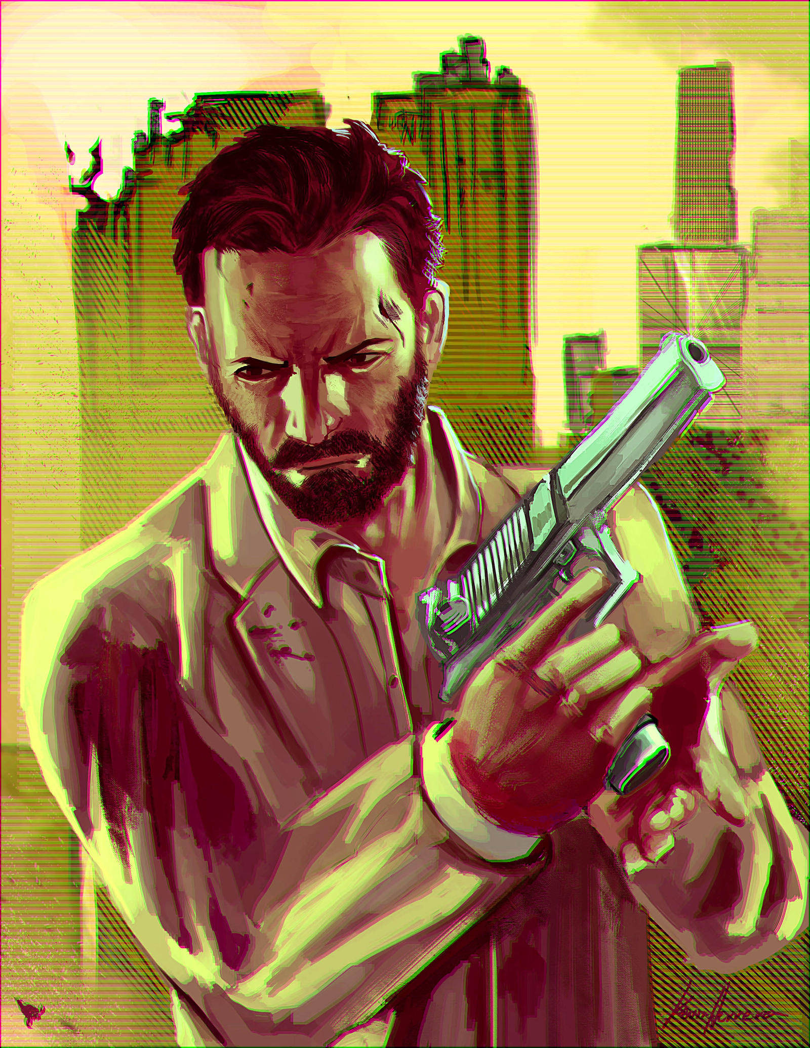 Max Payne 桌布 壁紙 — 一個嚴肅的鬍鬚男人穿著黃色襯衫，在朦朧的黃色天空下，手持手槍對著風格化的城市天際線。