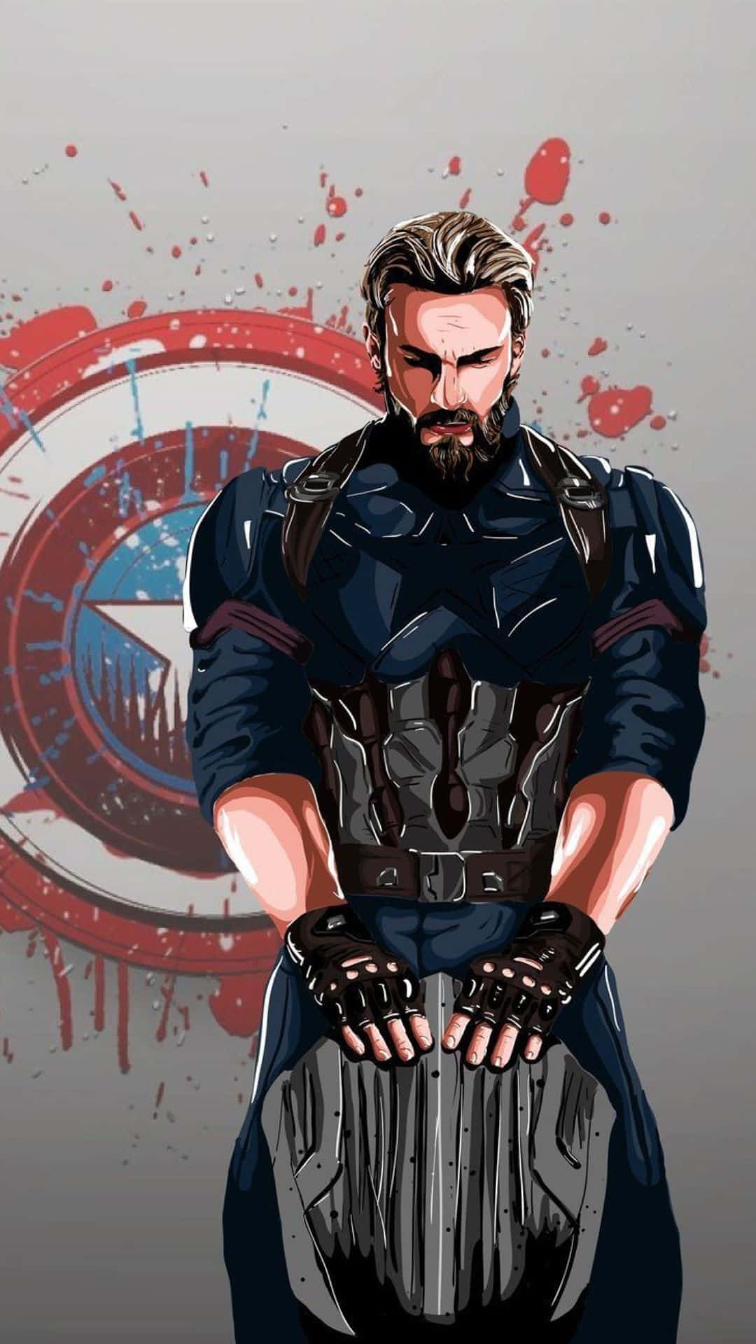 Android Captain America 桌布 壁紙 — 一個嚴肅的鬍鬚男穿著深色戰術裝備，站立著緊握盾牌，身後有紅色飛濺物。