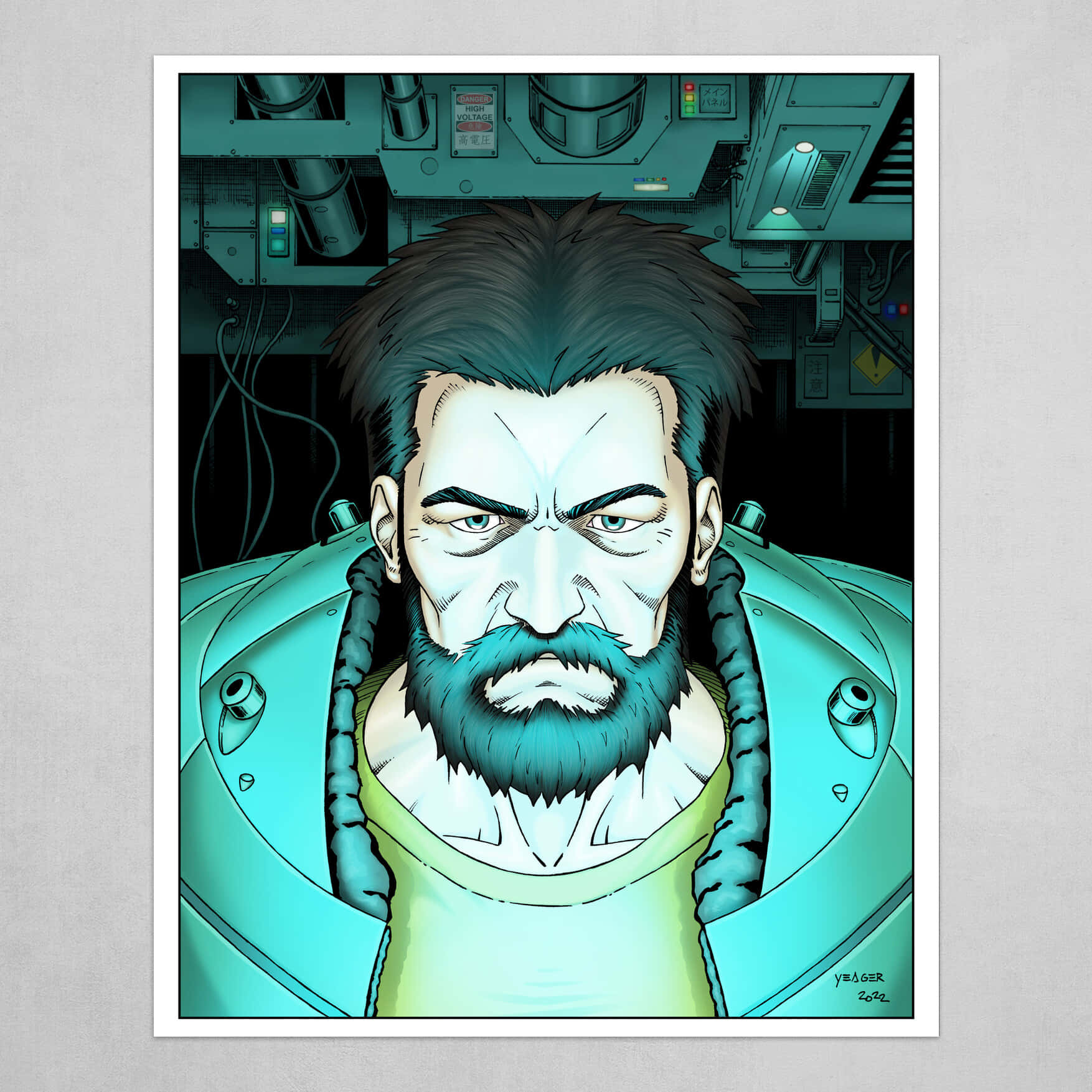 Ghost In The Shell Ishikawa 桌布 壁紙 — 一個嚴肅的鬍鬚男穿著青綠色盔甲，從一個帶有發光控制裝置的未來感駕駛艙中凝視著。