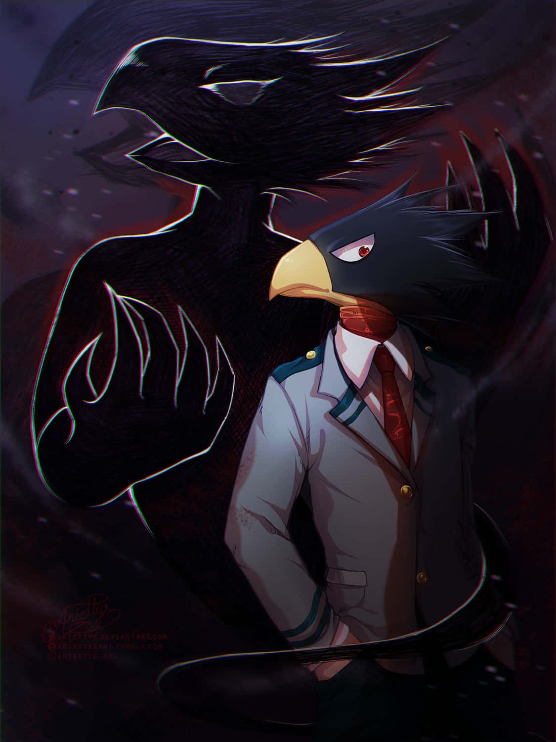 Fumikage Tokoyami 桌布 壁紙 — 一個嚴肅的鳥頭學生穿著校服，站在一個陰暗的烏鴉剪影旁邊，背景是黑暗旋轉的。