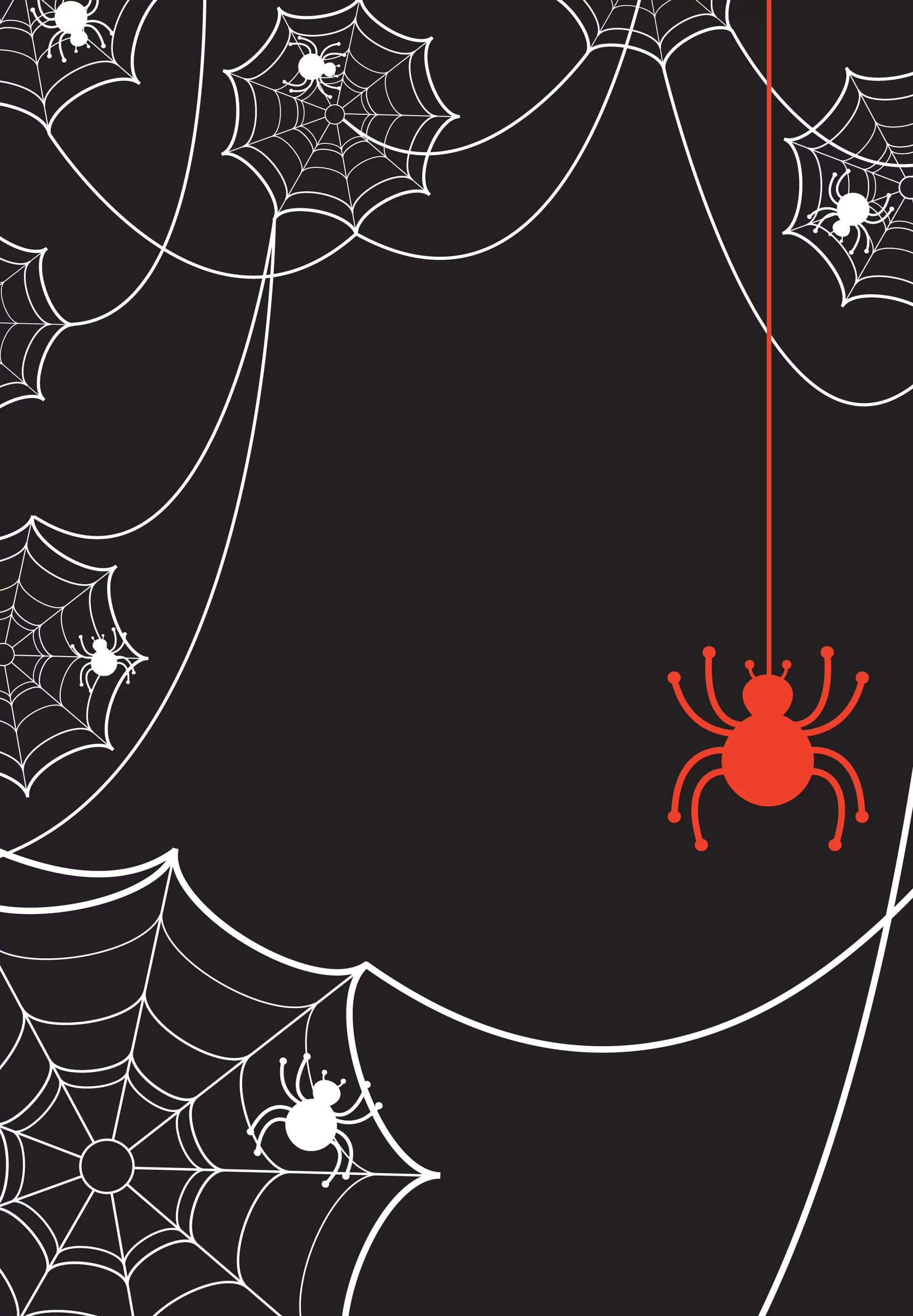 Spider 桌布 壁紙 — 一個嚴肅的黑色背景，點綴著白色蜘蛛網和小蜘蛛，還有一隻大膽的紅色蜘蛛用絲線懸掛著。