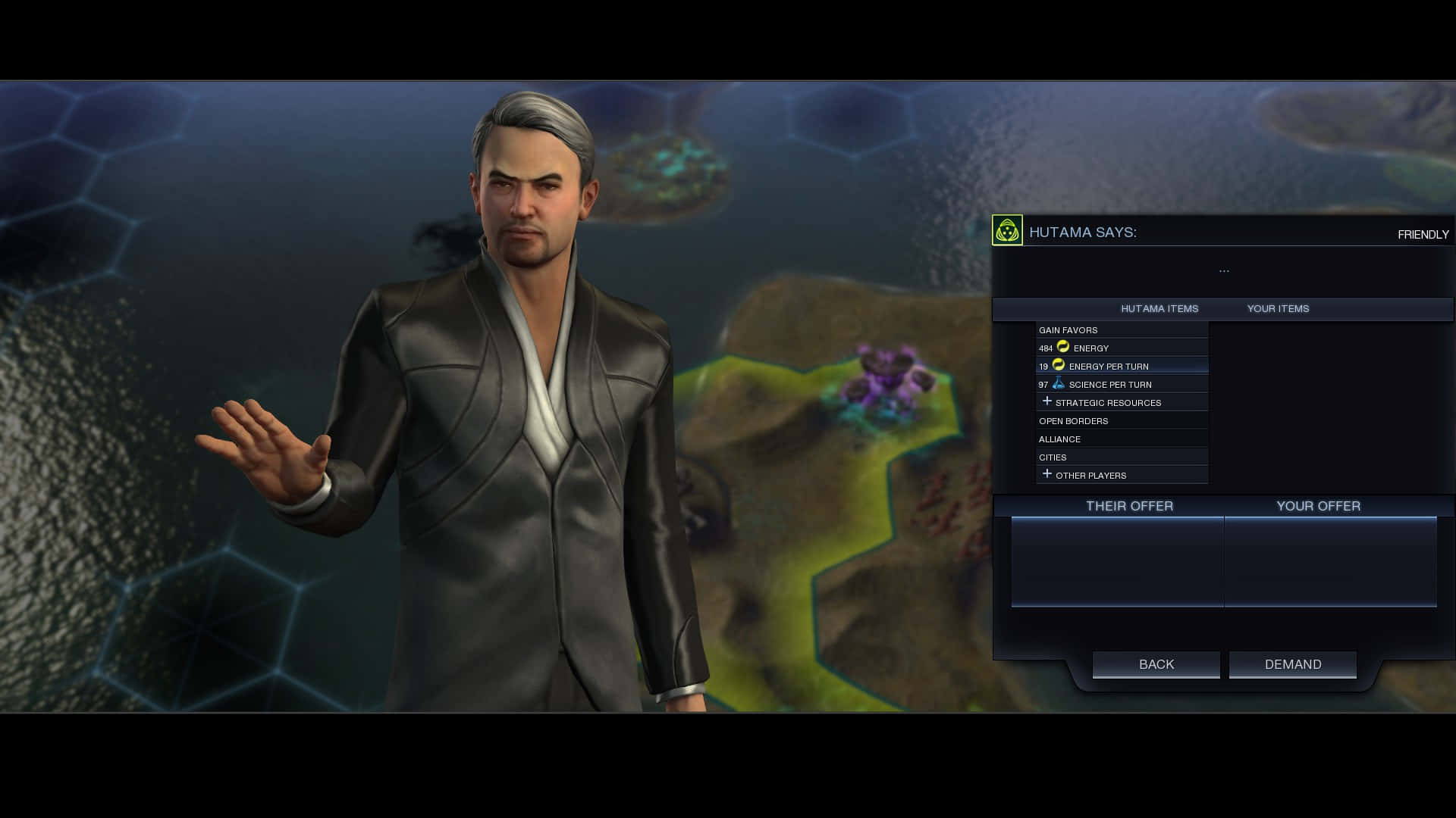 Civilization Beyond Earth 桌布 壁紙 — 一個嚴肅的黑西裝男子在科幻遊戲介面中進行戰略談判時做手勢。