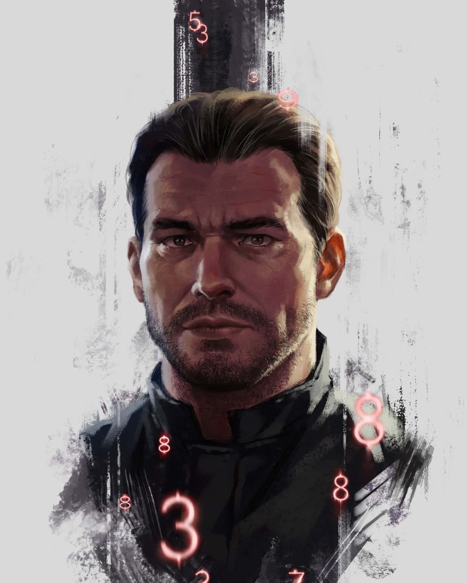 Alex Mason 桌布 壁紙 — 一個嚴肅的黑髮鬍鬚男人直視前方，發光的紅色數字漂浮在他的黑色外套周圍，背景是帶紋理的灰色。