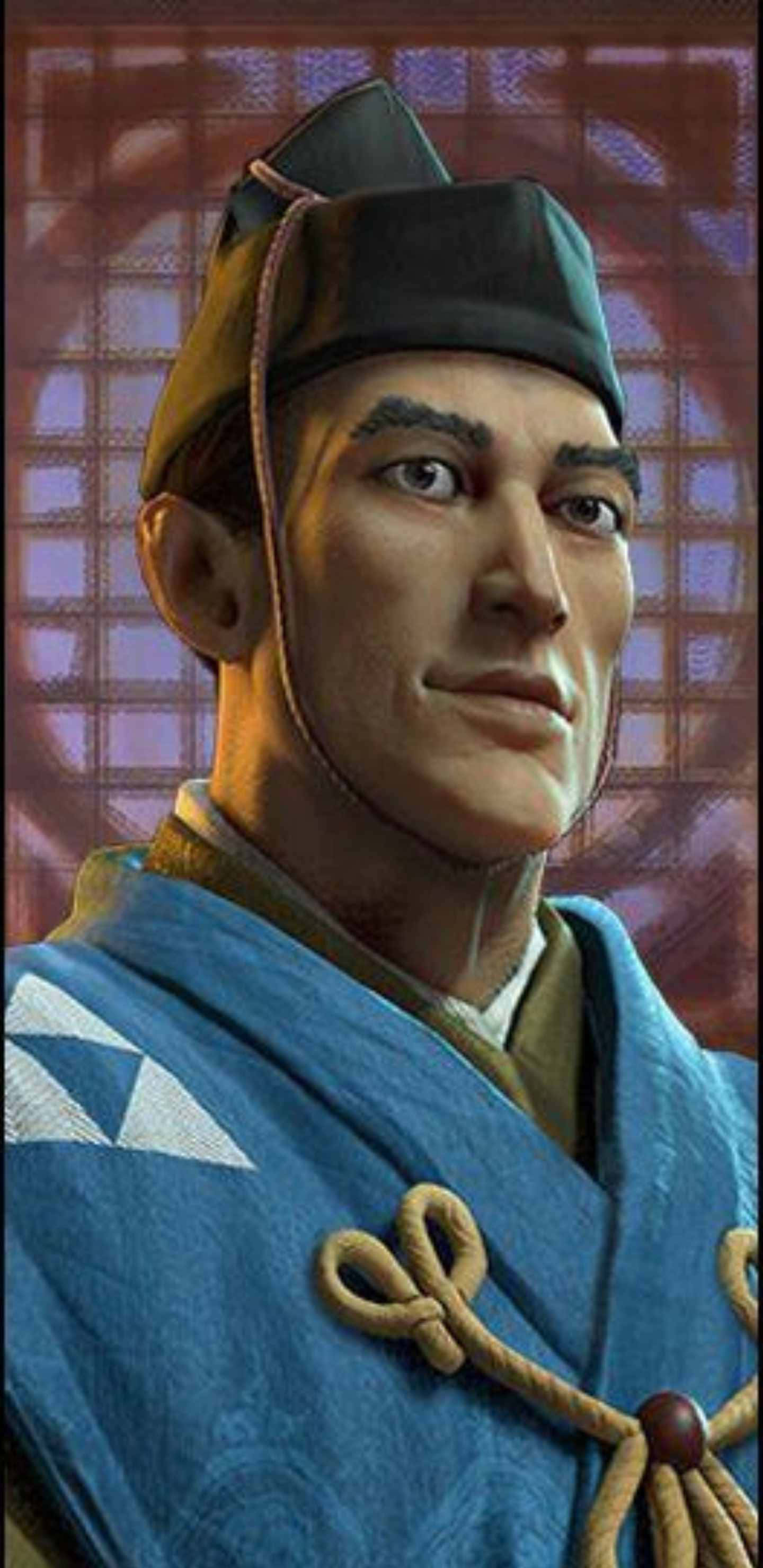 Pixel 3xl Civilization Beyond Earth 桌布 壁紙 — 一個嚴肅面孔的武士特寫肖像，身穿傳統藍金色長袍，背景為木格柵。