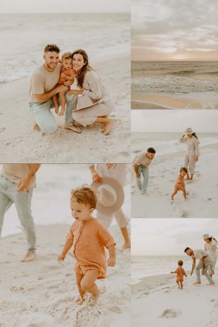 Family Beach 桌布 壁紙 — 一個四口之家在柔軟的沙灘上，伴隨著輕柔的海浪和溫暖的金色光芒，分享歡樂的時光。