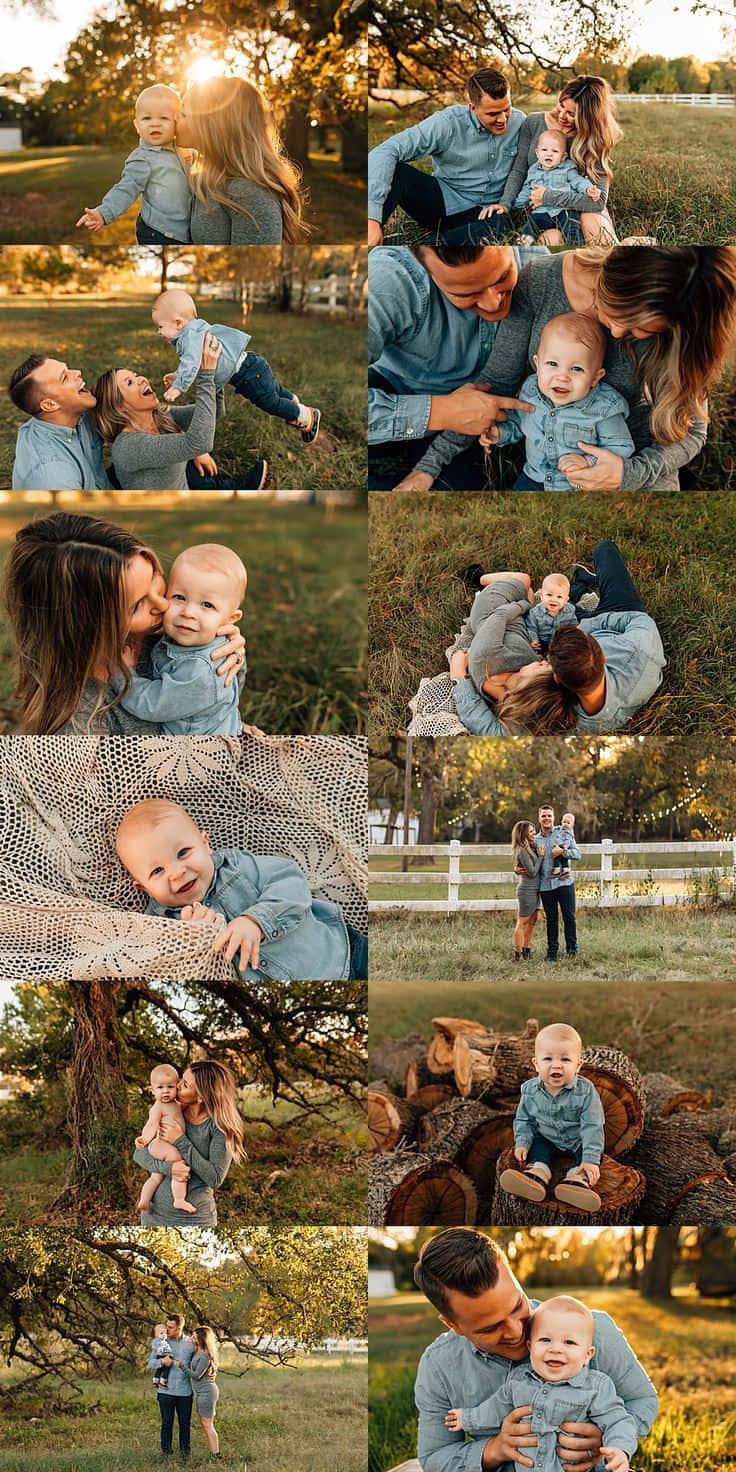 Family 桌布 壁紙 — 一個四口之家在陽光普照的草地上分享溫馨時刻，草地有樹木和白色圍欄。