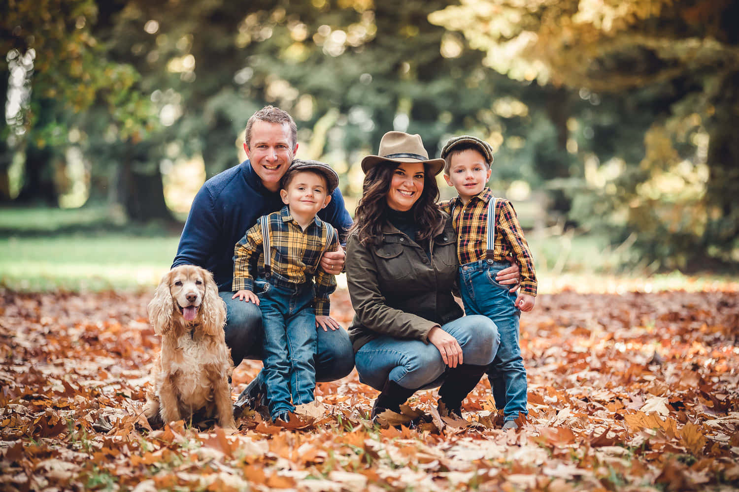 Fall Family 桌布 壁紙 — 一個四口之家面帶微笑，和他們的金毛狗一起在陽光明媚的公園裡，坐在秋天的落葉地毯上擺姿勢。
